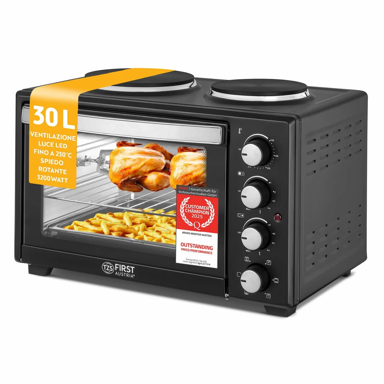 TZS First Austria - Mini Forno con fornelli 30L 3200 W - Fornetto per pizza con piastre fino a 230°C e 6 modalità di riscaldamento - Multiforno con 4 altezze di inserimento e accessori di alta qualità
