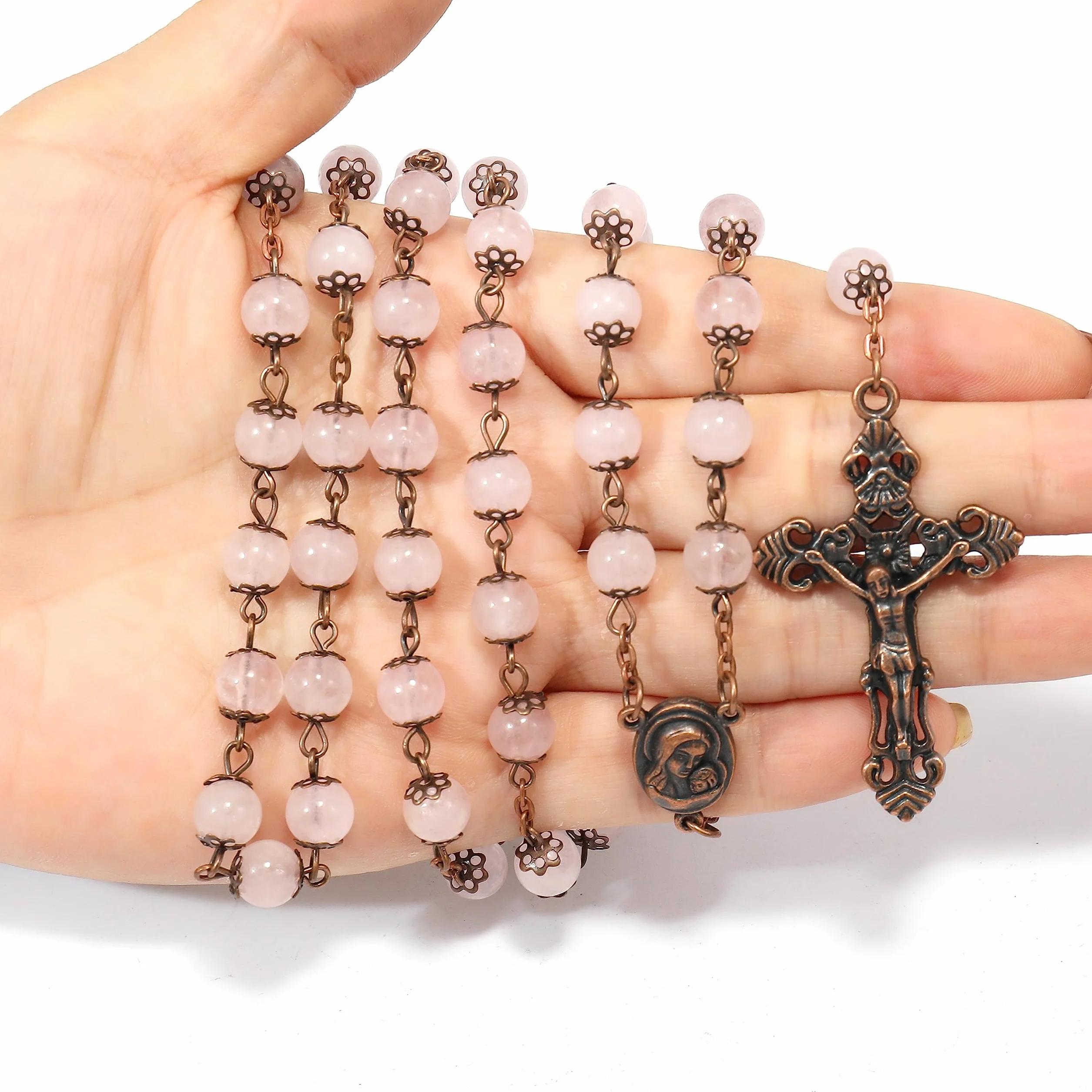 Nazareth Store Collana rosario con perline in pietra naturale Design in rame antico Medaglia del suolo sacro e croce in sacchetto di velluto - Rosari cattolici Terra Santa Gerusalemme