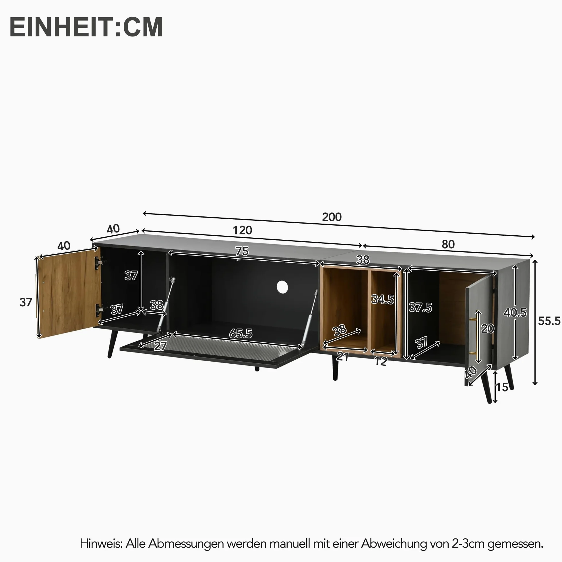 Rtopsu Mobile TV, Tavolo TV Basso per TV Fino a 90 Pollici, Scaffale TV con 3 Ante e 4 Vani Portaoggetti Mobile per Soggiorno Sala da Pranzo Camera da Letto, 200x40x55.5 cm, Legno, Grigio & Marrone