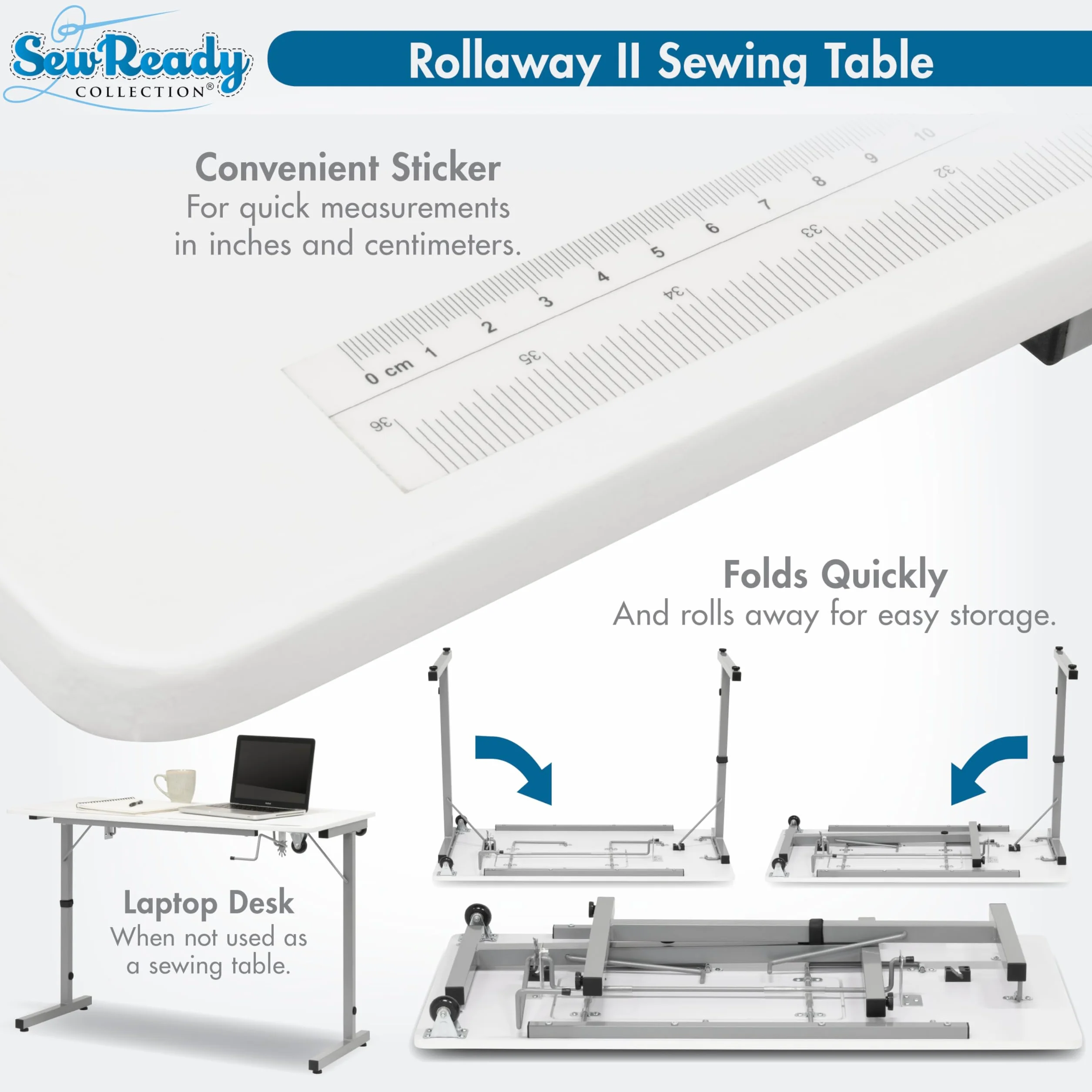 Sew Ready Rollaway II - Tavolo da cucito pieghevole, portatile, compatto, colore: Argento e bianco