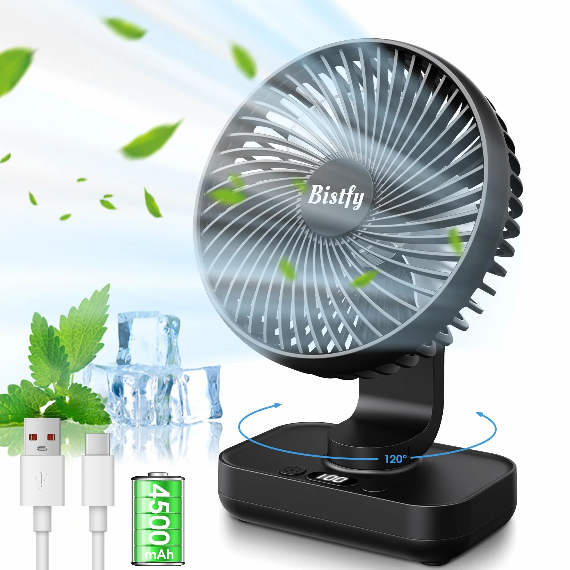 Ventilatore da Tavolo Ultra-Silenzioso, 120° di Oscillazione, 90° di Inclinazione Della Testa Regolabile, 14cm Digitale a 4 Velocità 4500mAh Ventilatore da Scrivania Portatile USB Ricaricabile