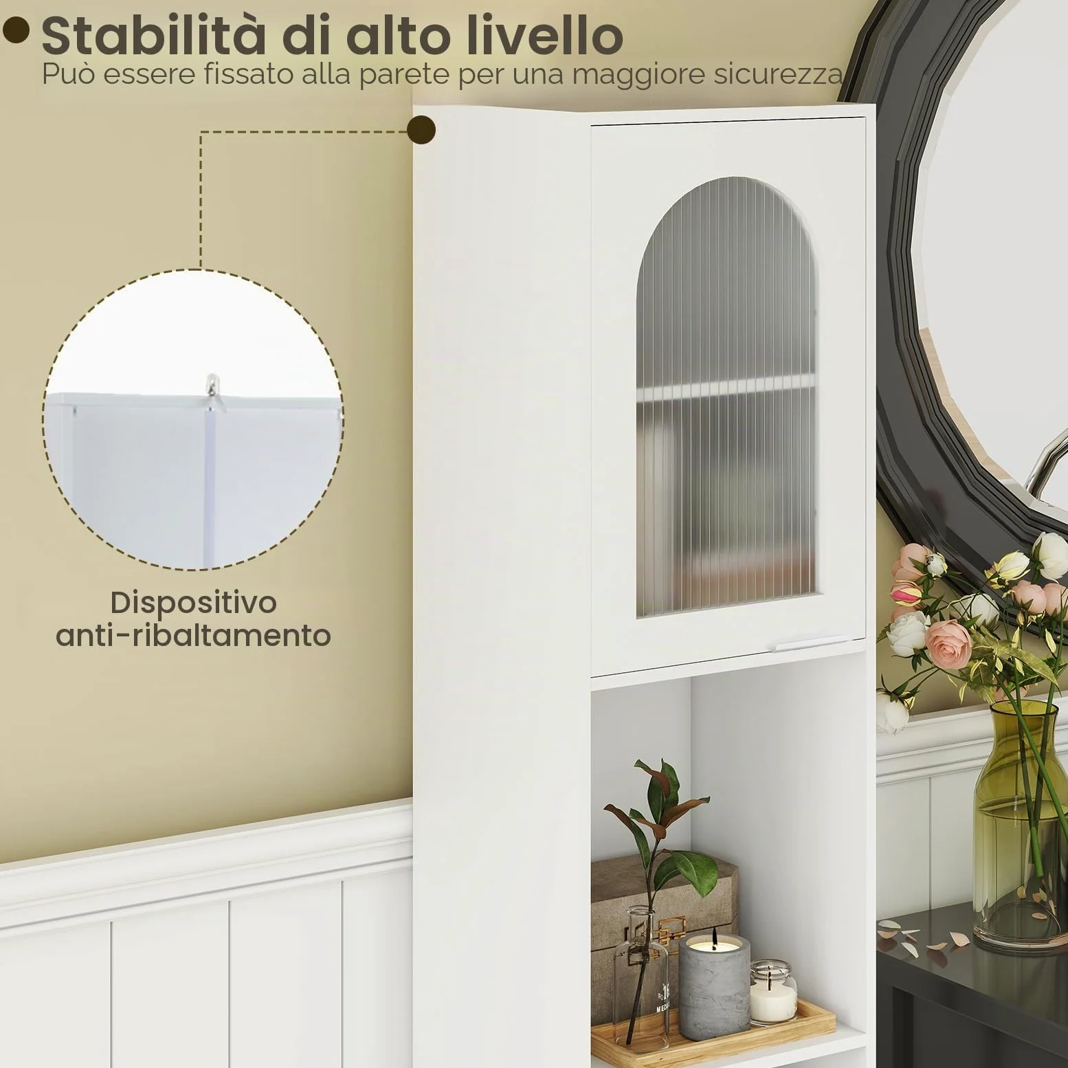 LIFEZEAL Mobile Bagno Salvaspazio Bianco, Colonna Bagno Alto, Stretto, 35x30x180cm, Credenza Cucina, Armadio Dispensa, Mobiletto, con 2 Ante in Vetro, Ripiani Regolabili, Scomparti, in Legno, Max 90kg