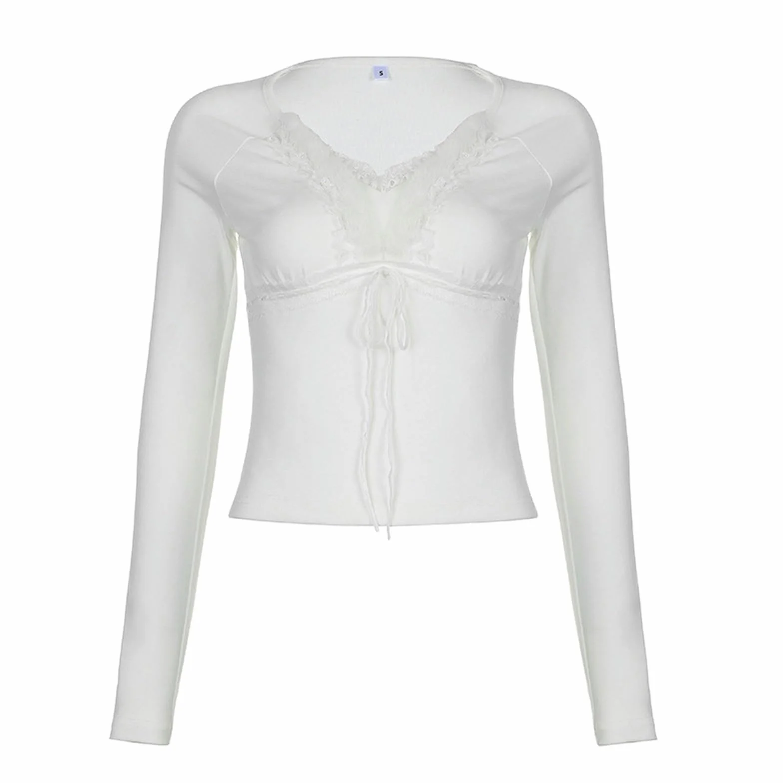 Dolce Bordo Grezzo con Cuciture in Pizzo Fiocco Scollo a V Top Corto Delicato Tinta Unita a Maniche Lunghe T-Shirt Slim Lavorata a Maglia con Fondo-Bianco-M