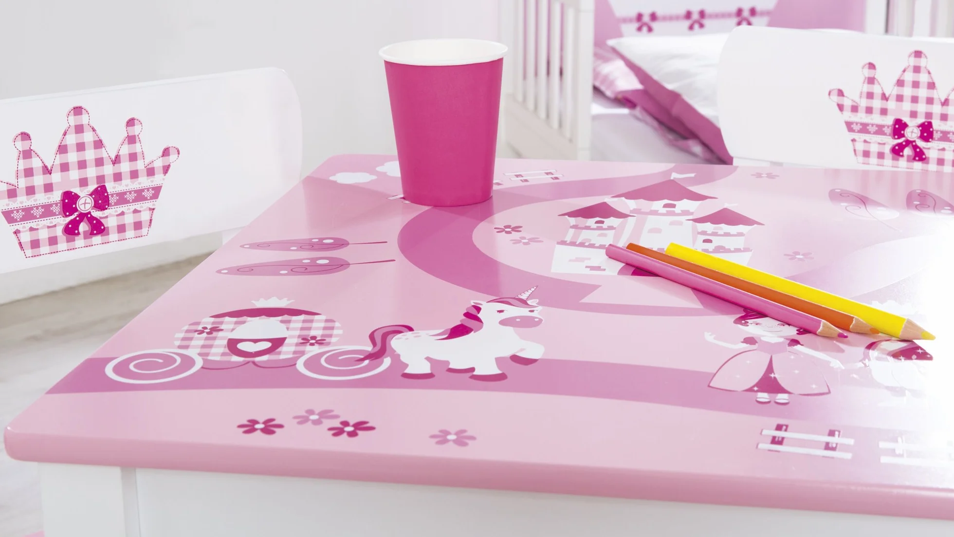 Krone roba Set Tavolo + 2 Sedie per Bambini Legno Bianco e Rosa dai 18 Mesi ai 10 Anni