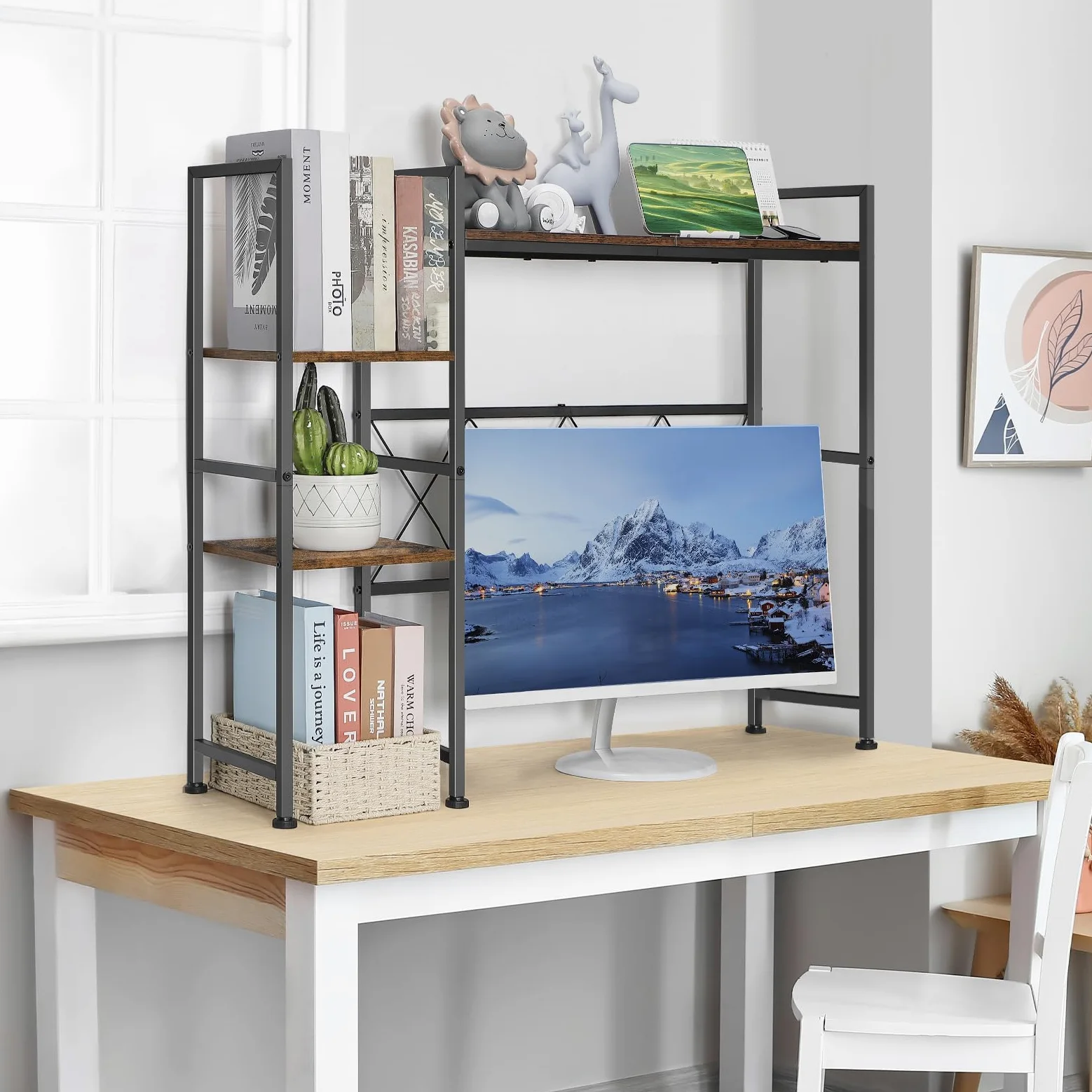 YBING Libreria da scrivania per computer, multiuso, a 3 livelli, con espositore organizer marrone, mensola per scrivania, solo per ufficio, casa, dormitorio, soggiorno