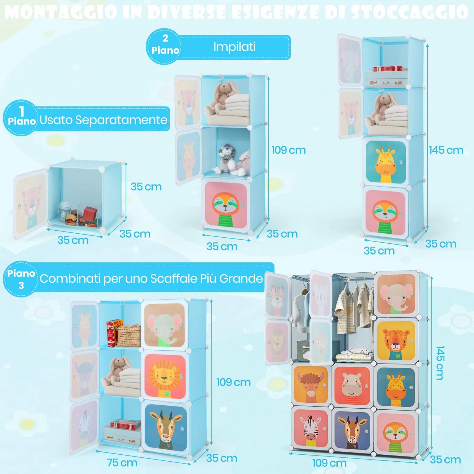 RELAX4LIFE Armadio Modulare a 8/12 Cubi per Bambini con 2 Barre Appendiabiti, 8/12 Ante, Mobile Salvaspazio per Cameretta e Asilo Nido, Portata di Ogni Cubo 10 KG (Animale-12 Cubi,Blu)