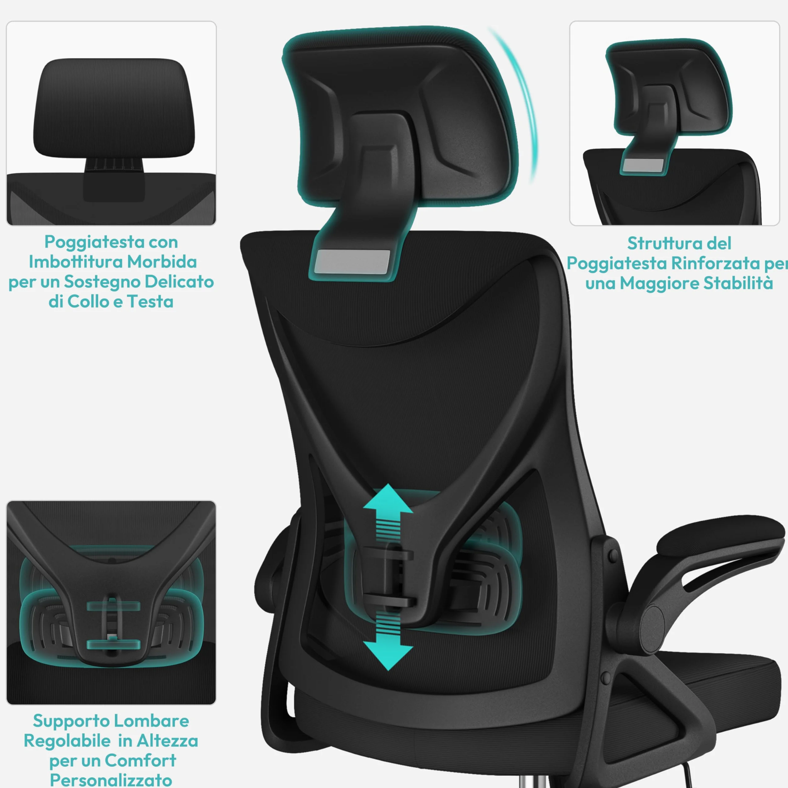Yaheetech Sedia Ufficio Ergonomica con Braccioli Poggiatesta Regolabile Schienale Alto Funzione Dondolo Poltrona Scrivania Girevole in Rete Traspirante con Supporto Lombare Nera