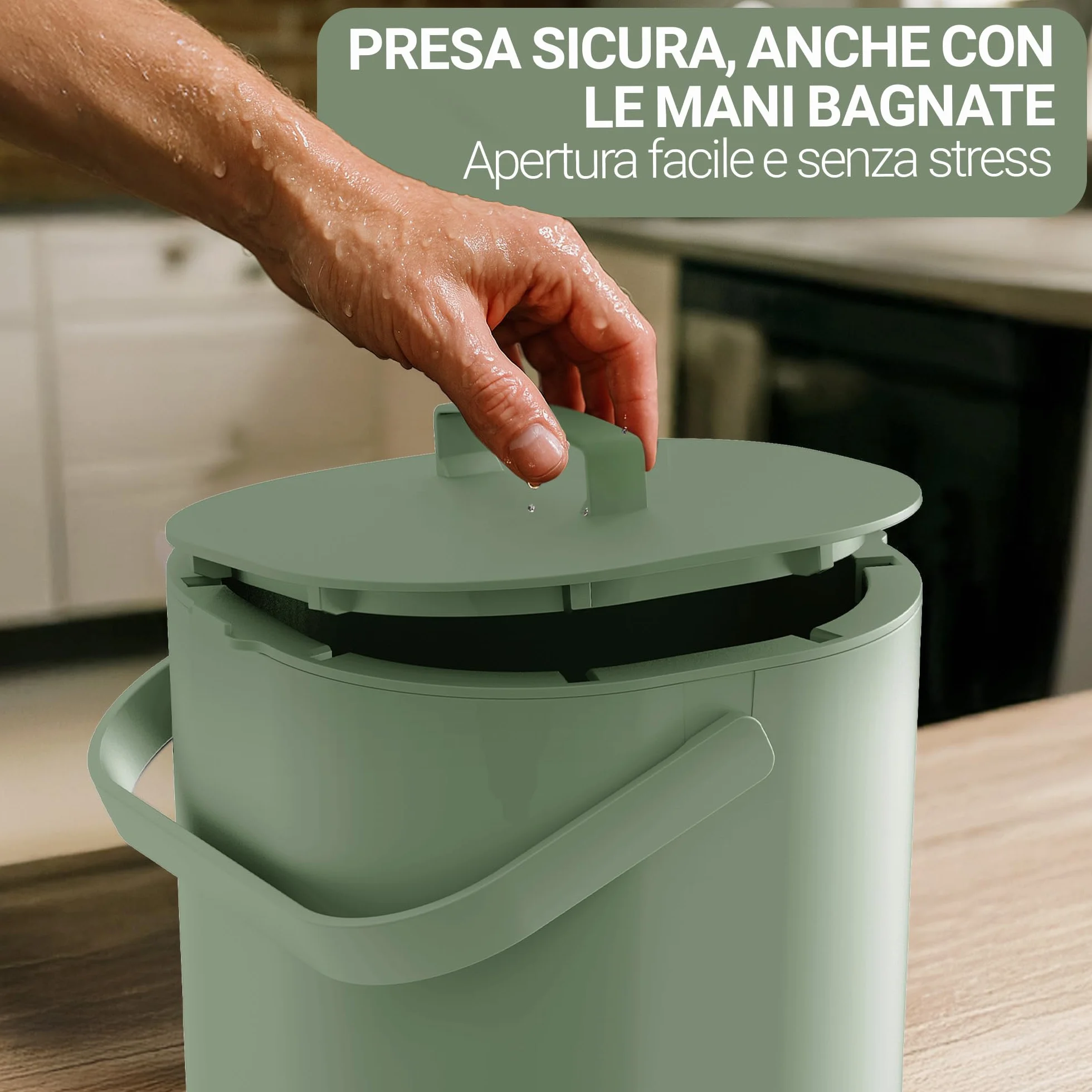 PTMS® Bidone Umido 6L – Cestino Umido coperchio da appendere e setaccio interno – Pattumiera Umido Cucina lavabile in lavastoviglie, compatta e funzionale – Disponibile in 5 colori