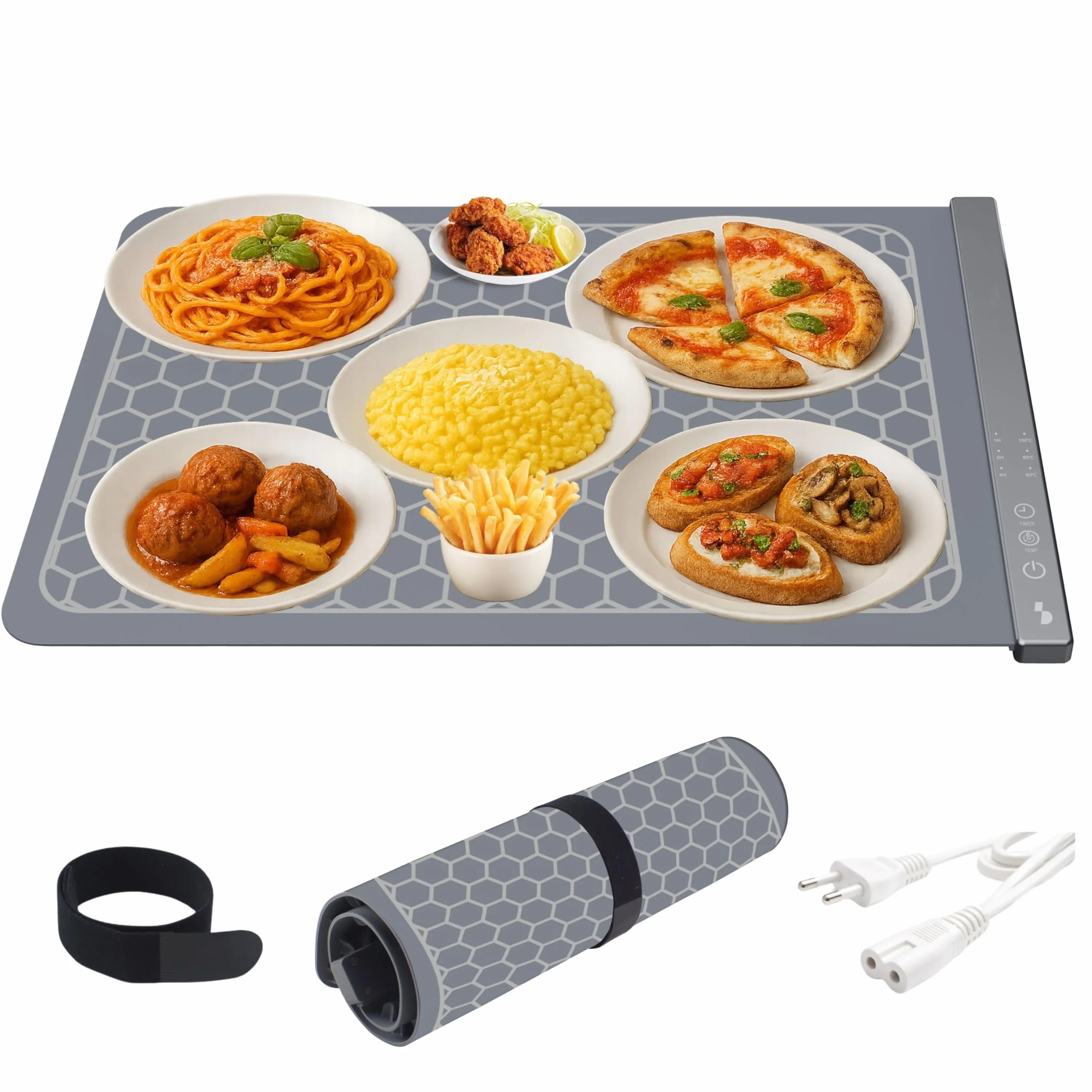 BEPER P101TEM100 Scaldavivande Elettrico in Silicone Arrotolabile, Vassoio Riscaldante 350W, 3 Temperature, Timer 4h, Touch