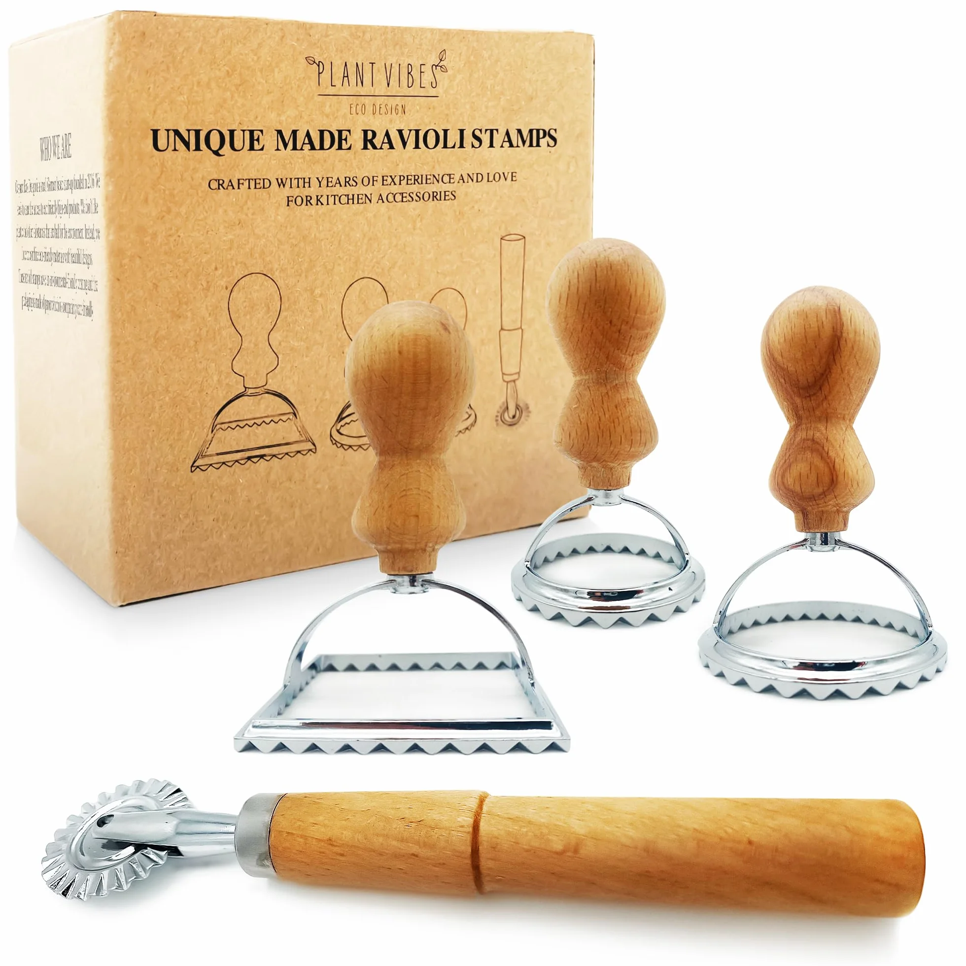 Plantvibes Set di 4 Tagliapasta per Ravioli con Manico in Legno, Stampo e Taglierina