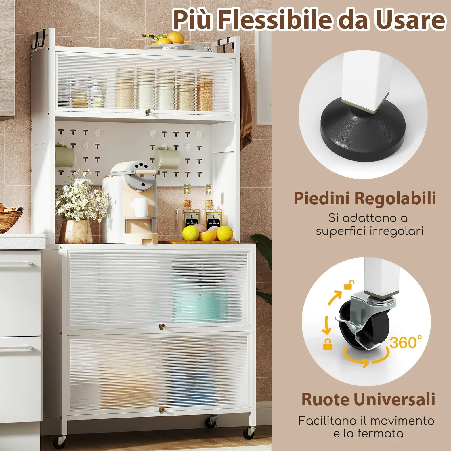 RELAX4LIFE Scaffale da Cucina con 5 Ripiani, Armadio con Ruote, Porte a Battente, Ganci Superiori e Pannello con Perforazioni, Mobile Multifunzionale per Cucina, Sala da Pranzo (Bianco)