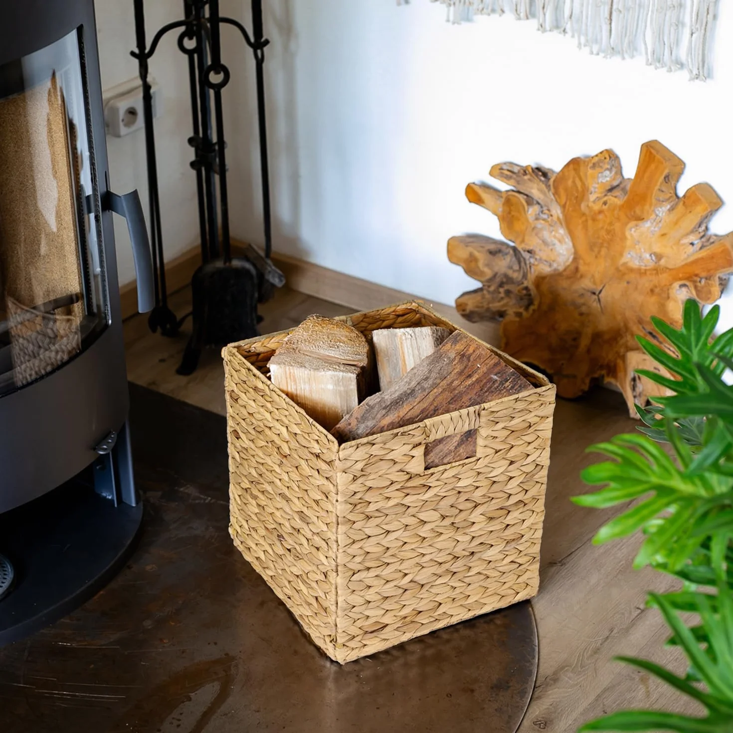 HMF Cestino portaoggetti da scaffale compatibile con Kallax, cestino intrecciato in giacinto d’acqua con manici, inserto per scaffali a cubi | Set da 2 | 32 x 34,5 x 32 cm | Naturale