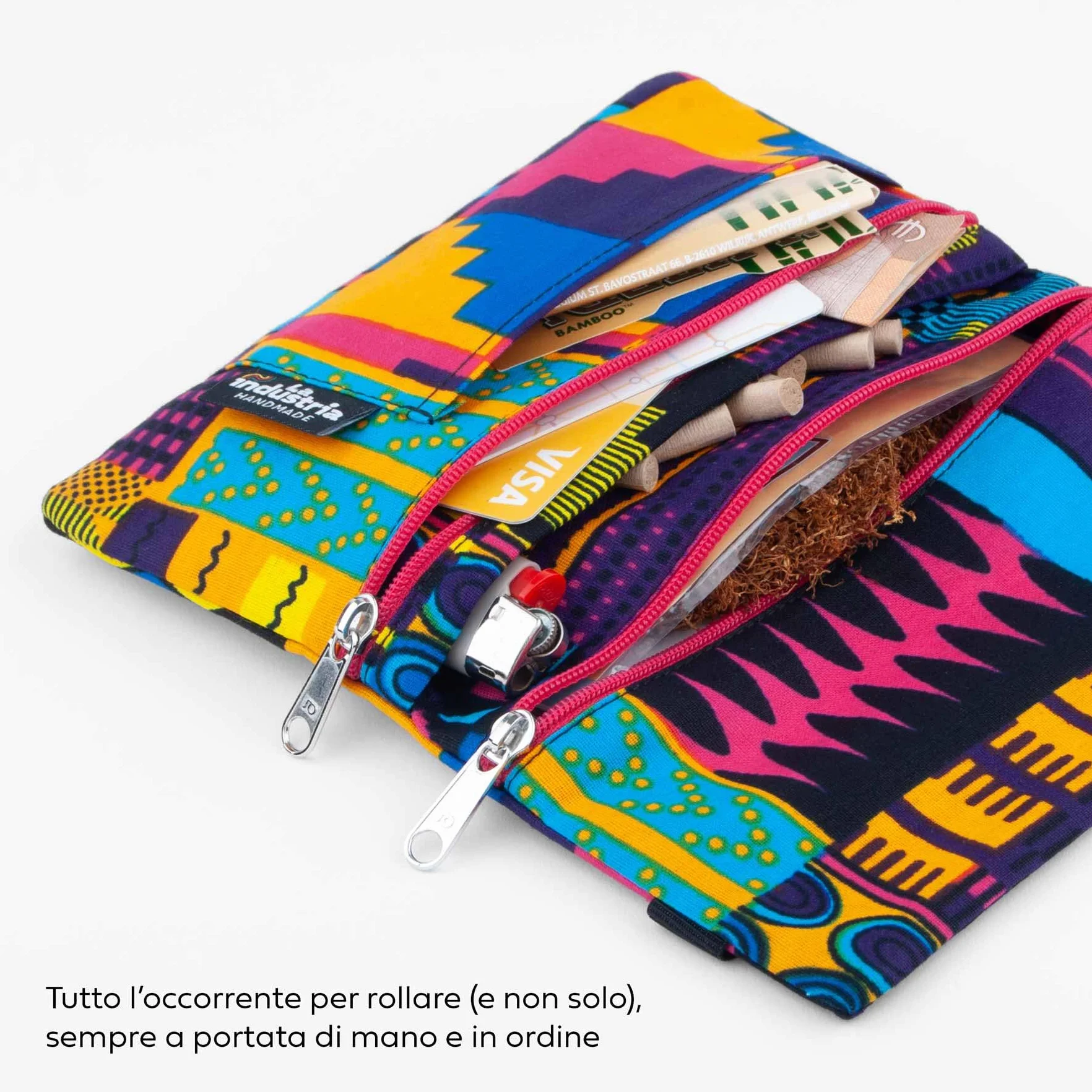 Porta Tabacco e Portafoglio Compatto con Doppia Cerniera – Astuccio Portatabacco Fantasia Africana Colorata con Scomparti per Cartine, Filtri, Accendino, Carte e Contanti