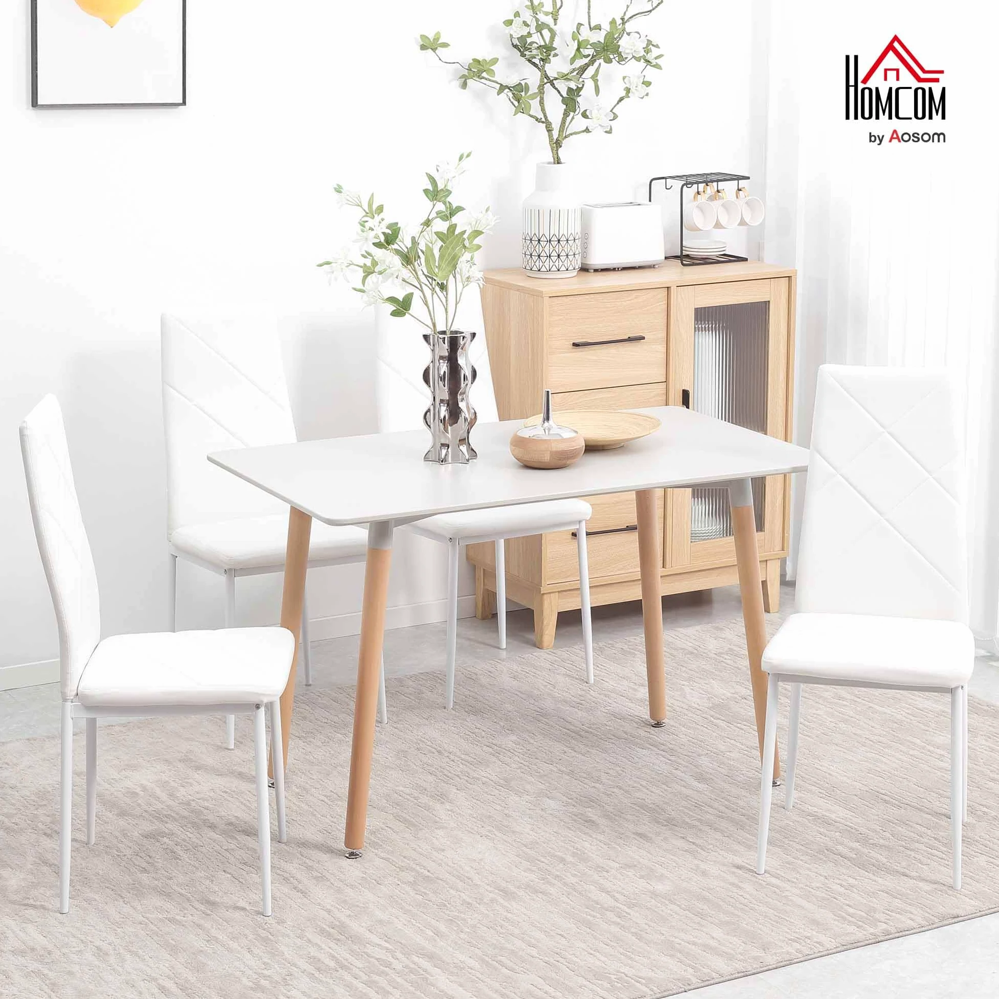 HOMCOM Set 4 Sedie Sala da Pranzo Imbottite con Schienale Alto, Sedie Cucina in Finta Pelle Cuciture a Diamante con Piedini Antiscivoli e Gambe in Acciaio per Soggiorno, 41x50x97 cm, Bianco
