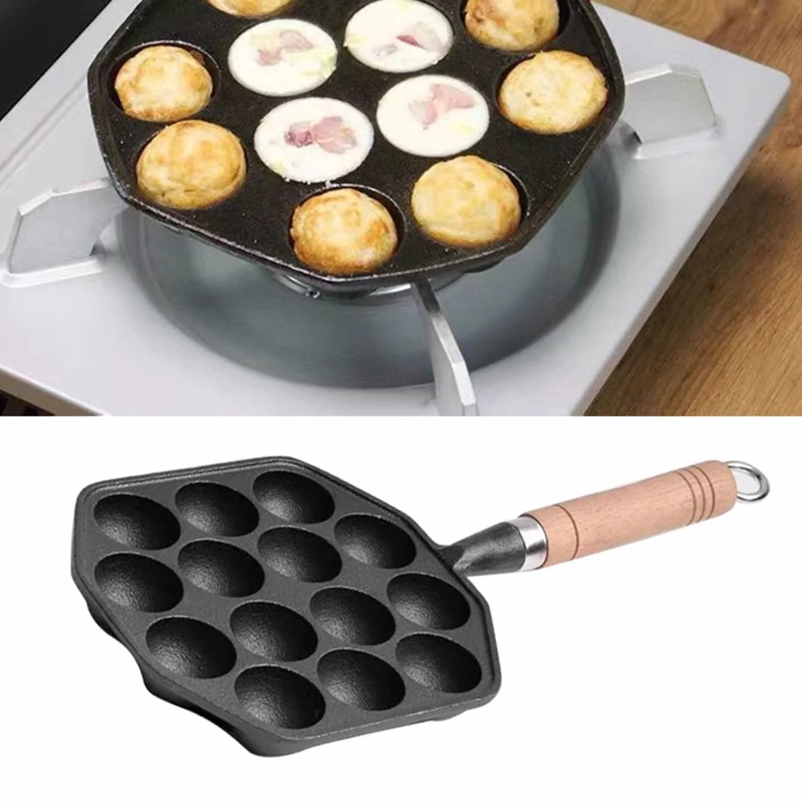 Antiaderente Ghisa Takoyaki Pan 14 Fori con Manico Staccabile