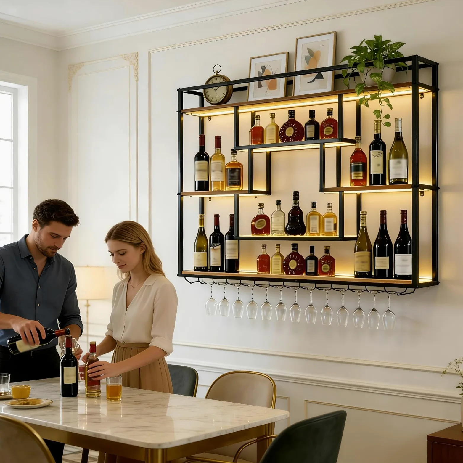 140cm Portabottiglie da Parete con luce LED, Metallo Porta Bottiglie Vino Con Portabicchieri, Grande Espositore per Bottiglie di Vino, Per Bar Domestico, Sala da Pranzo