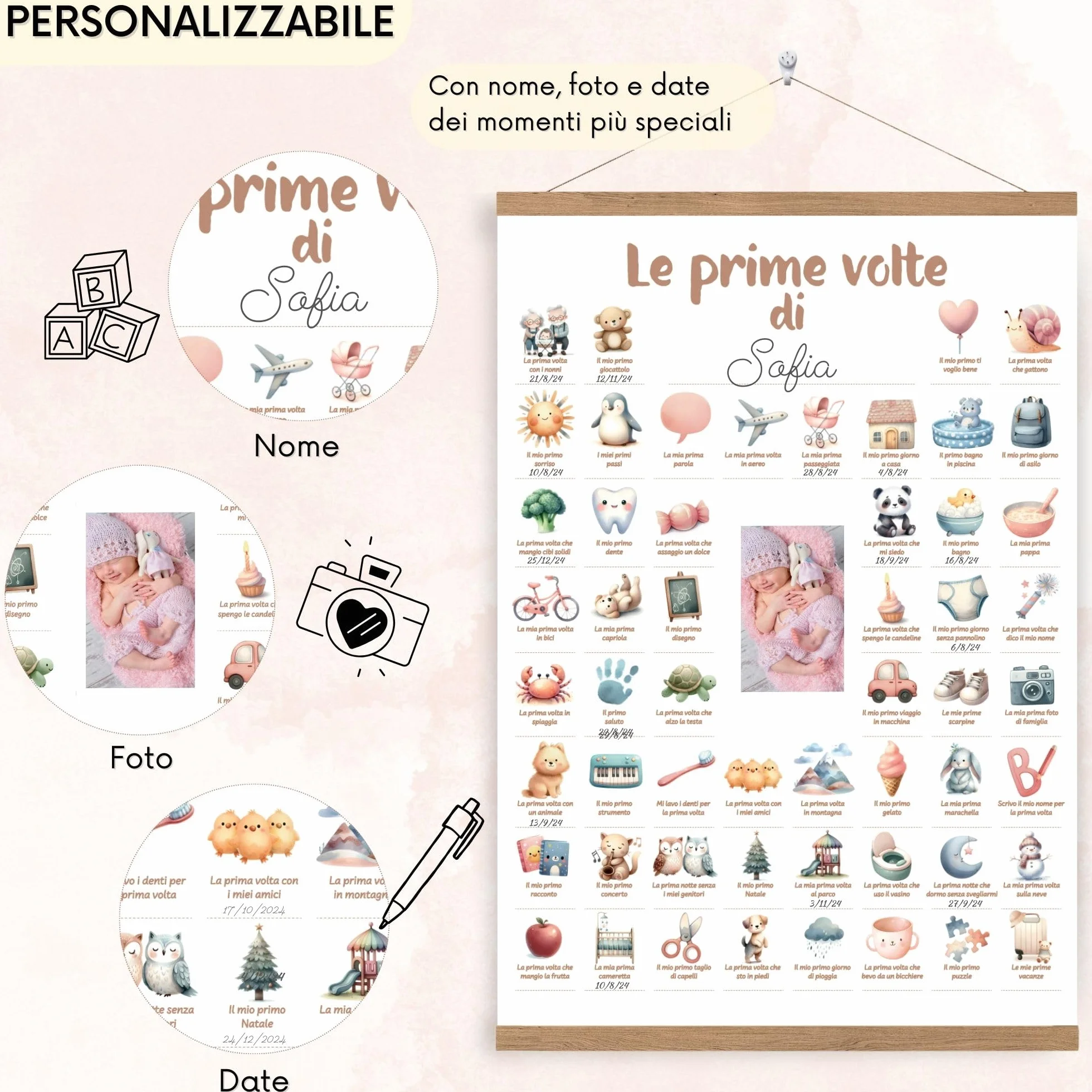 HuBorns - Poster Le Mie Prime Volte per Seguire le Tappe Fondamentali del Neonato, Regalo Neonato Maschio e Femmina, Decorazione Cameretta, Include Strisce di Legno per Appendere e Spazio per Foto