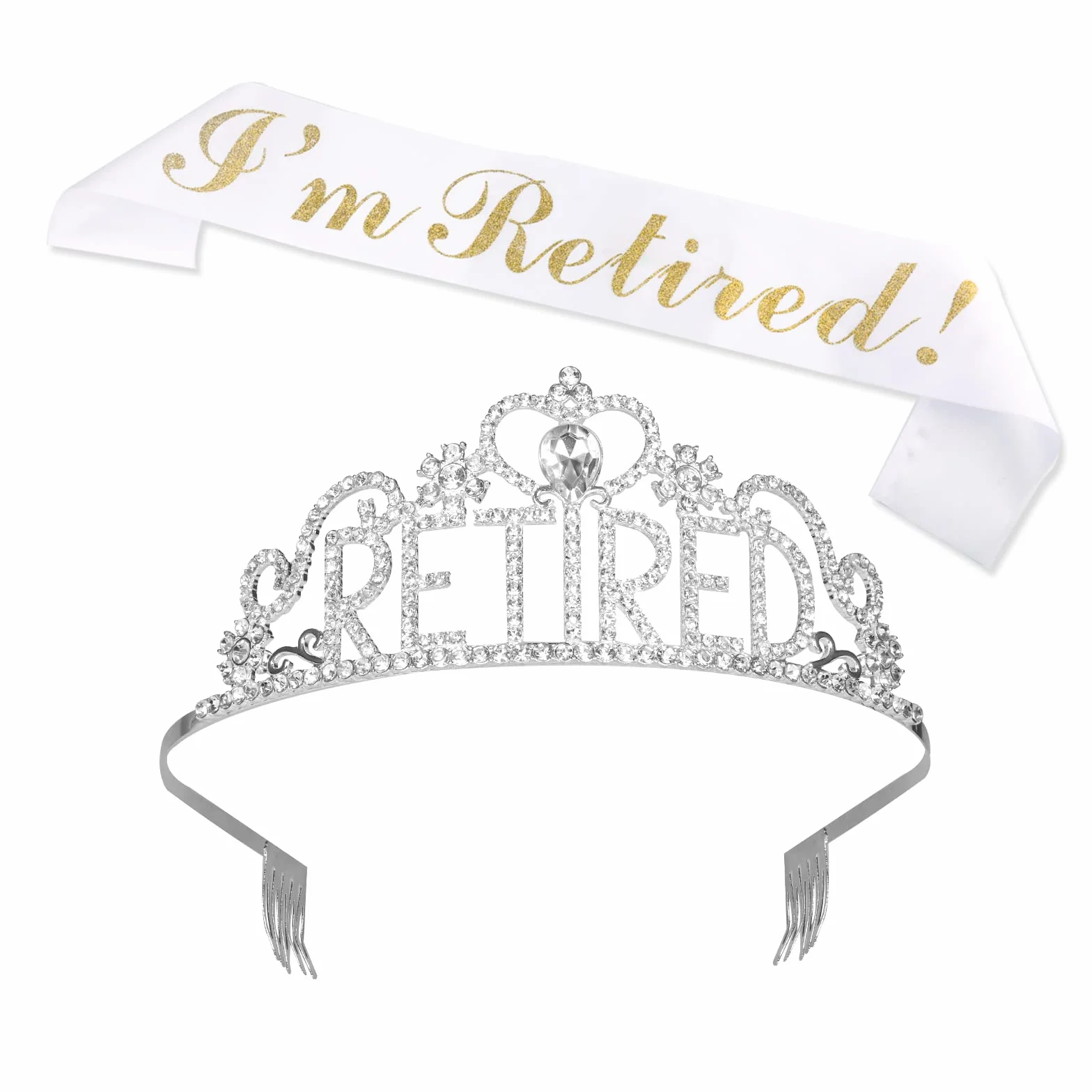 KINBOM 1 Set Corona e Fascia per Pensione, Ufficiale Glitterati Corona Strass per Pensione e Fascia per Pensione Decorazioni per Feste di Pensionamento per Donne (Argento, Bianco, Dorato)