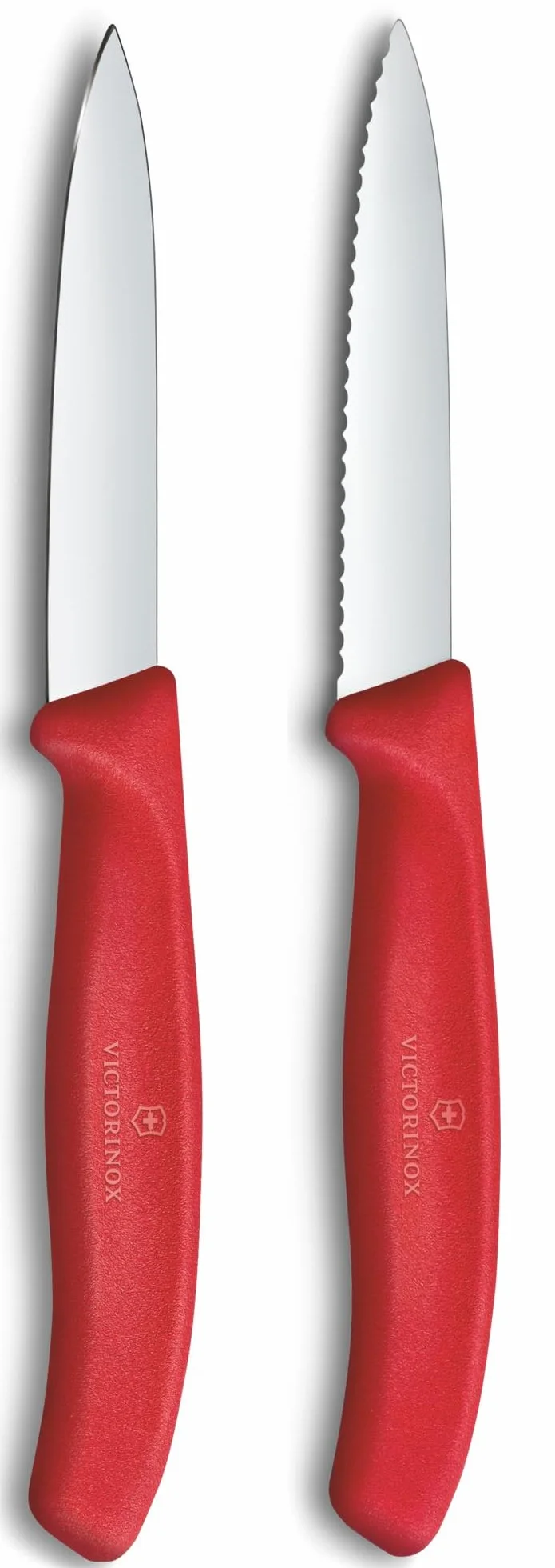 Victorinox Swiss Classic Coltello per verdure e spelucchini, Extra affilato, dritto e seghettato, Acciaio inox, Rosso