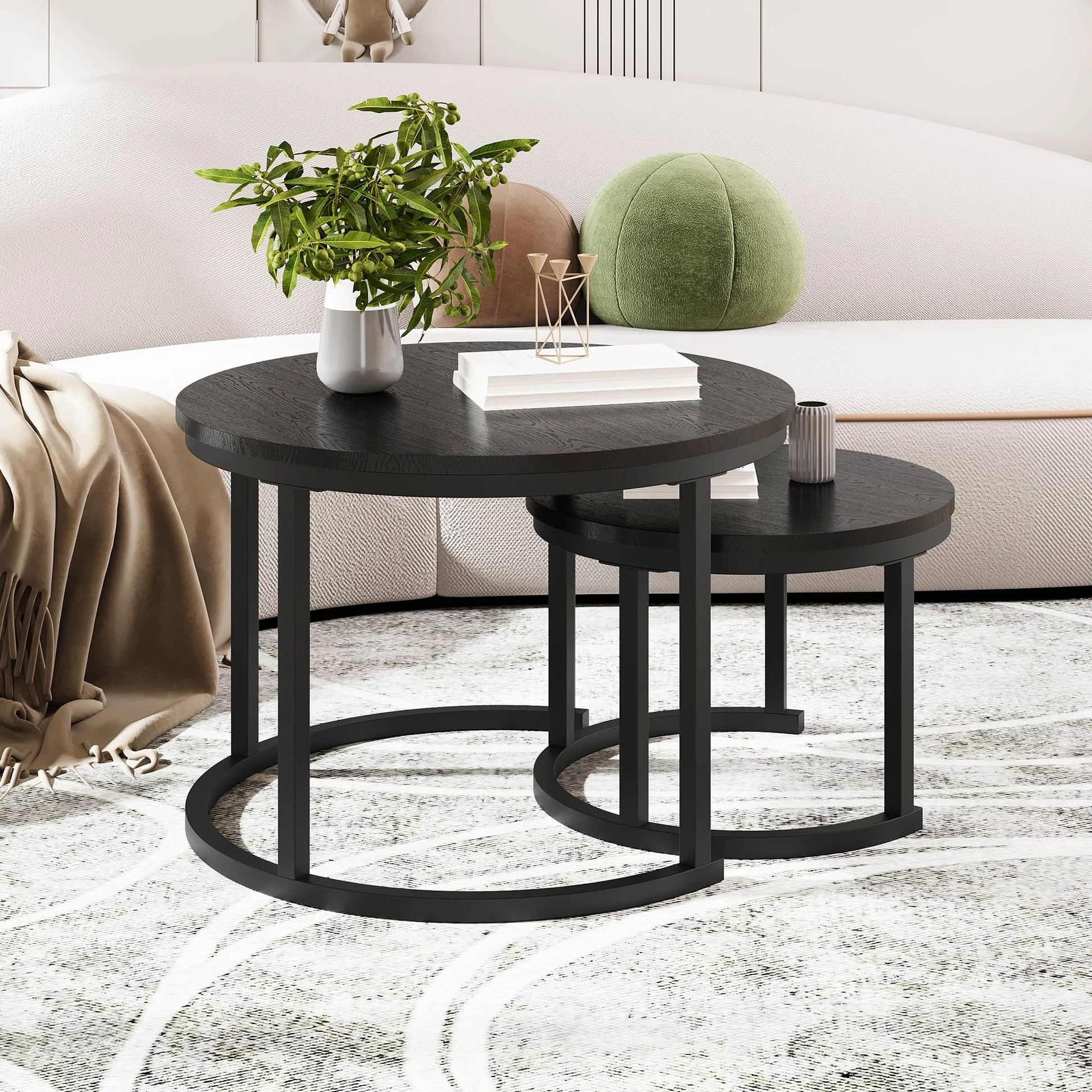 HOMERECOMMEND Tavolino rotondo, set da 2 pezzi, tavolino da salotto in legno, moderno, con struttura in metallo, per soggiorno, balcone, nero