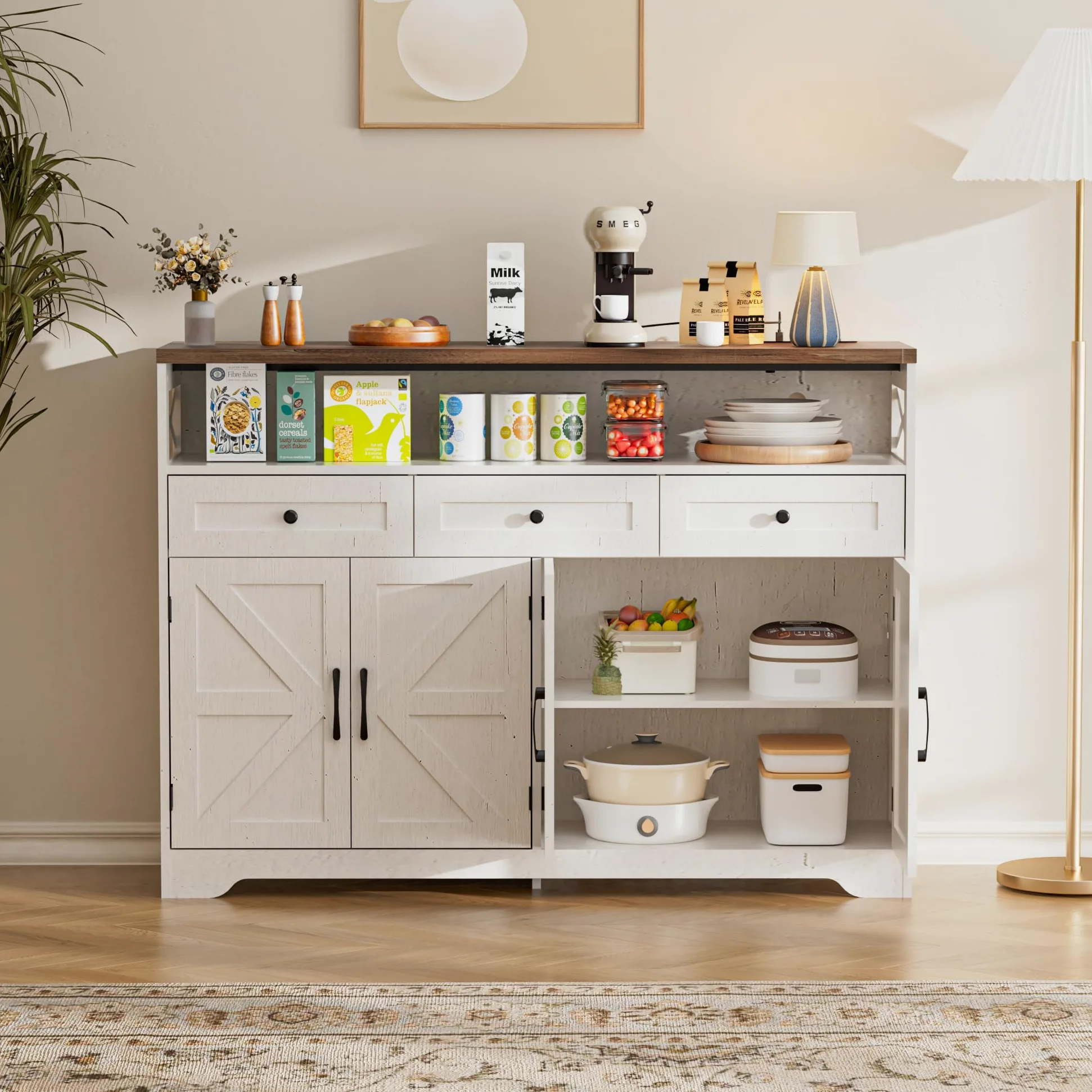BonVache Credenza, credenza con cassetti, credenza con scaffali aperti, per cucina, sala da pranzo, soggiorno, 130 x 35 x 95 cm, bianco