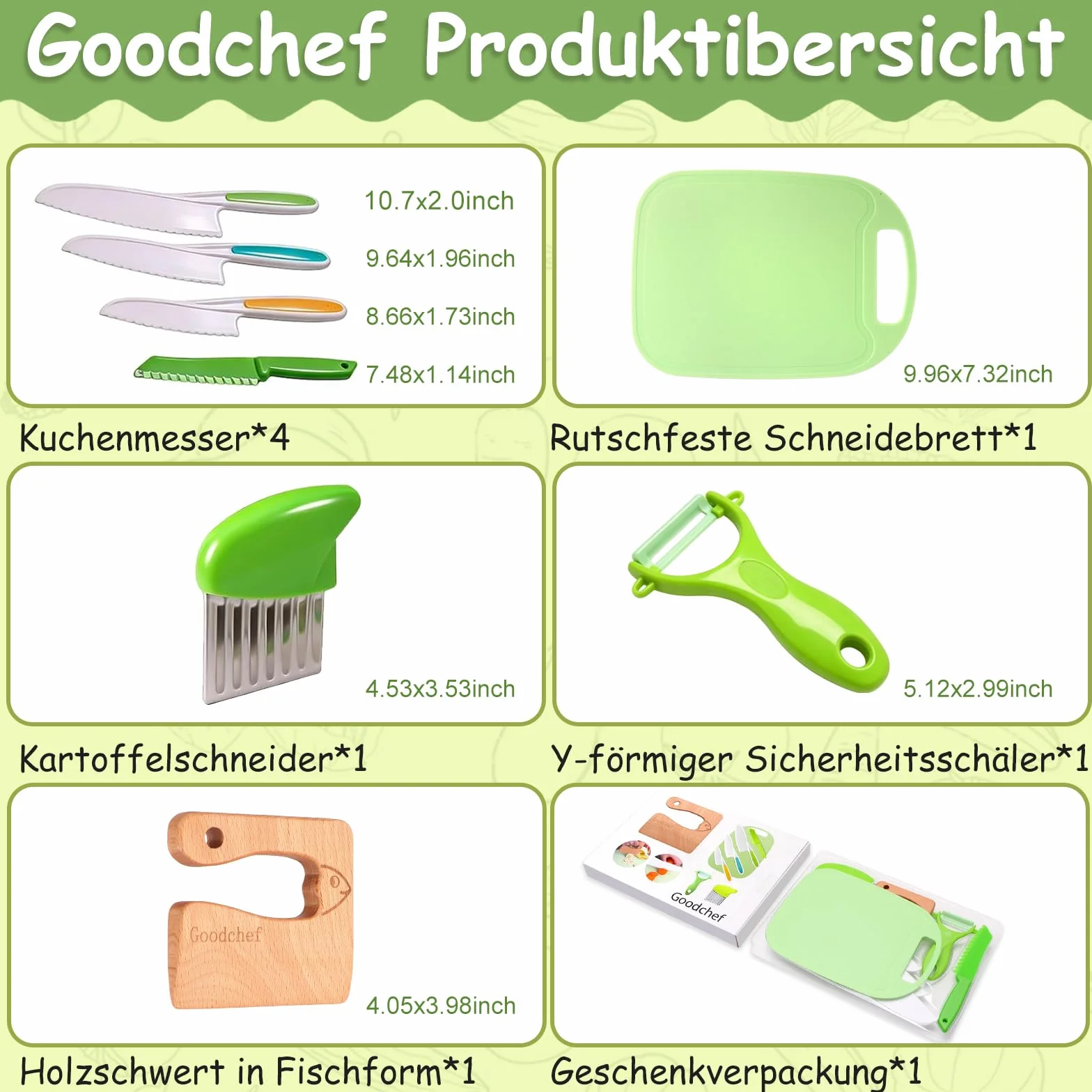 Set di 8 coltelli da cucina per bambini, per tagliare e cucinare, frutta o verdura, incluso coltello in legno, tagliere e pelapatate, pesce