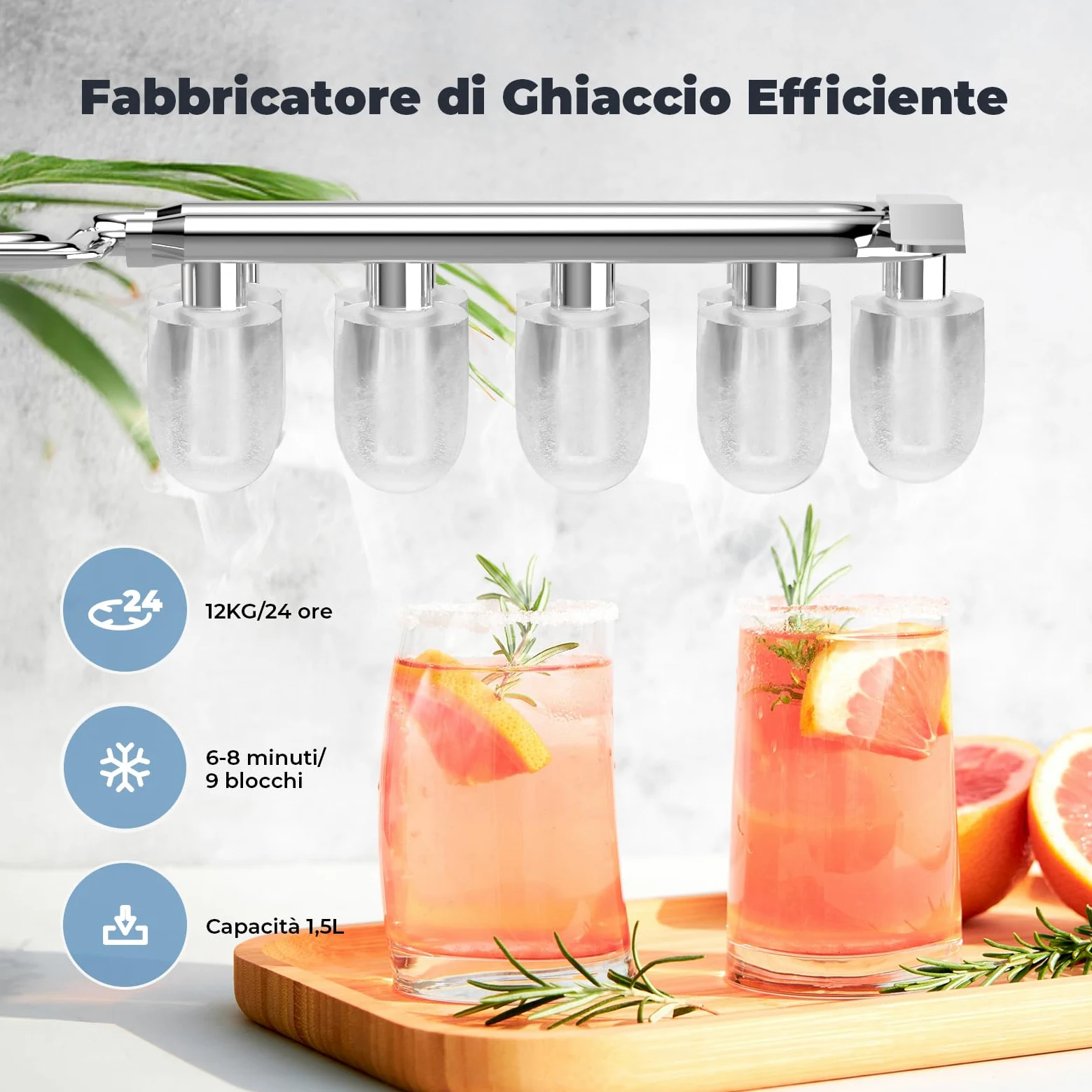 Macchina Ghiaccio 12kg/24h, Autopulente Macchina per il Ghiaccio Casa 1,5L, Silenzioso, 9 Cubetti in 6 Minuti, Ice Maker con Maniglia/Paletta/Cestello, Nero
