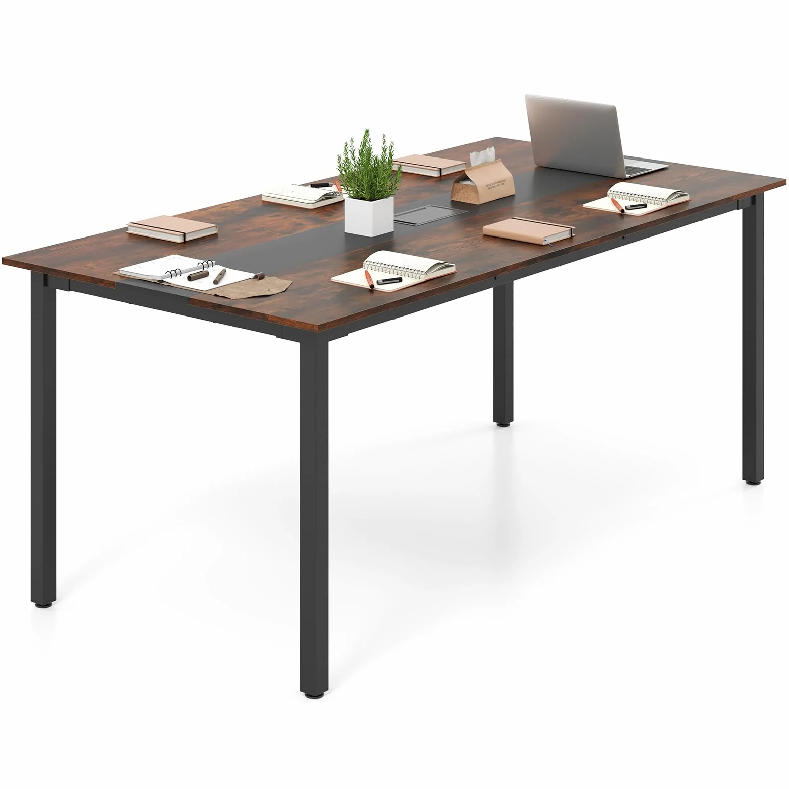 GYMAX Tavolo Discussioni di Gruppo per 8-10 Persone, Sistema di Gestione dei Cavi, Grande Scrivania Rettangolare per Riunioni in Ufficio, Sala Conferenze, 180 x 90 x 75,5 cm, Stile Industriale