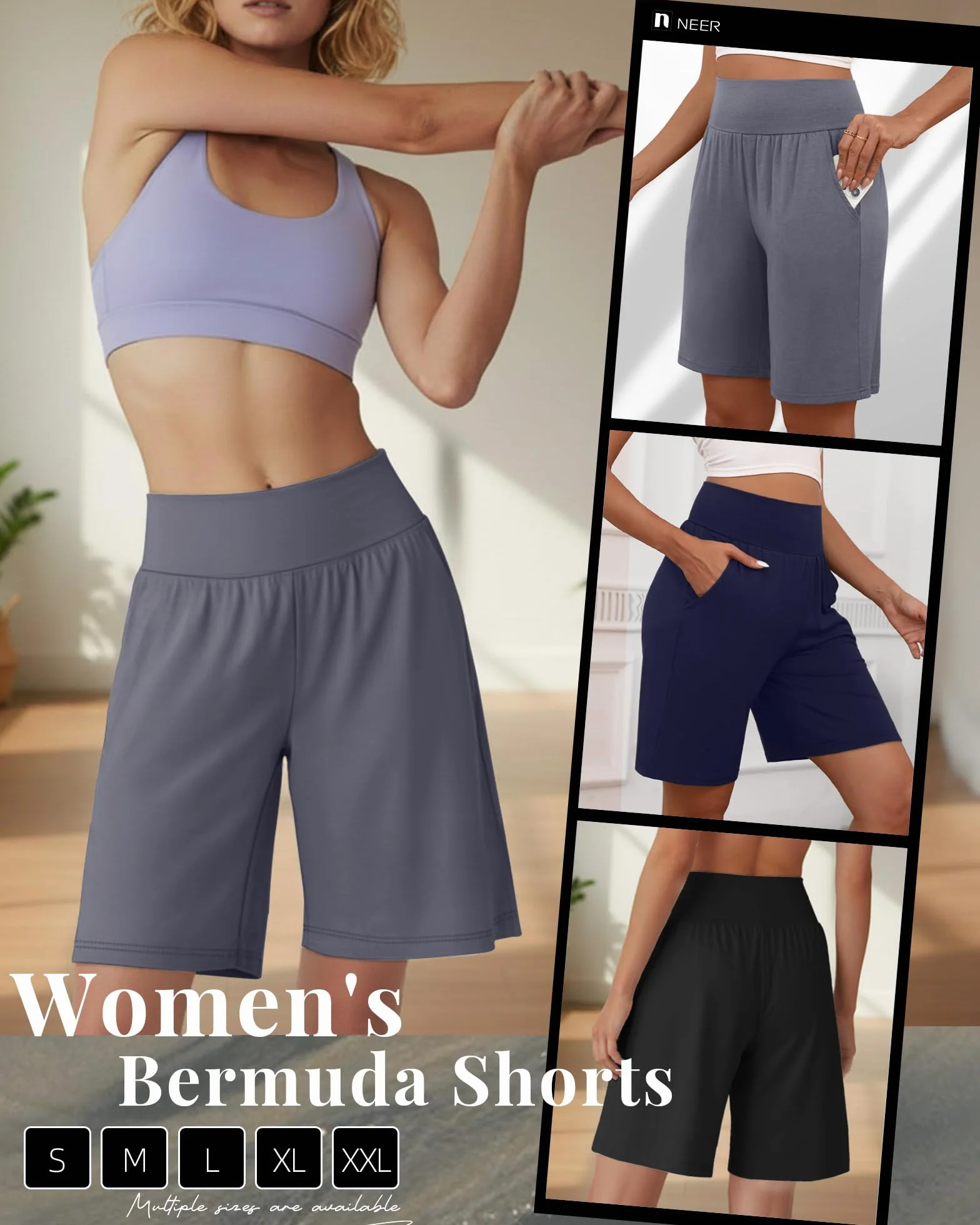 Neer Confezione da 3 Bermuda da Donna a Vita Alta, Elasticizzati Casual, Lunghezza al Ginocchio Estivi Atletici con Tasche