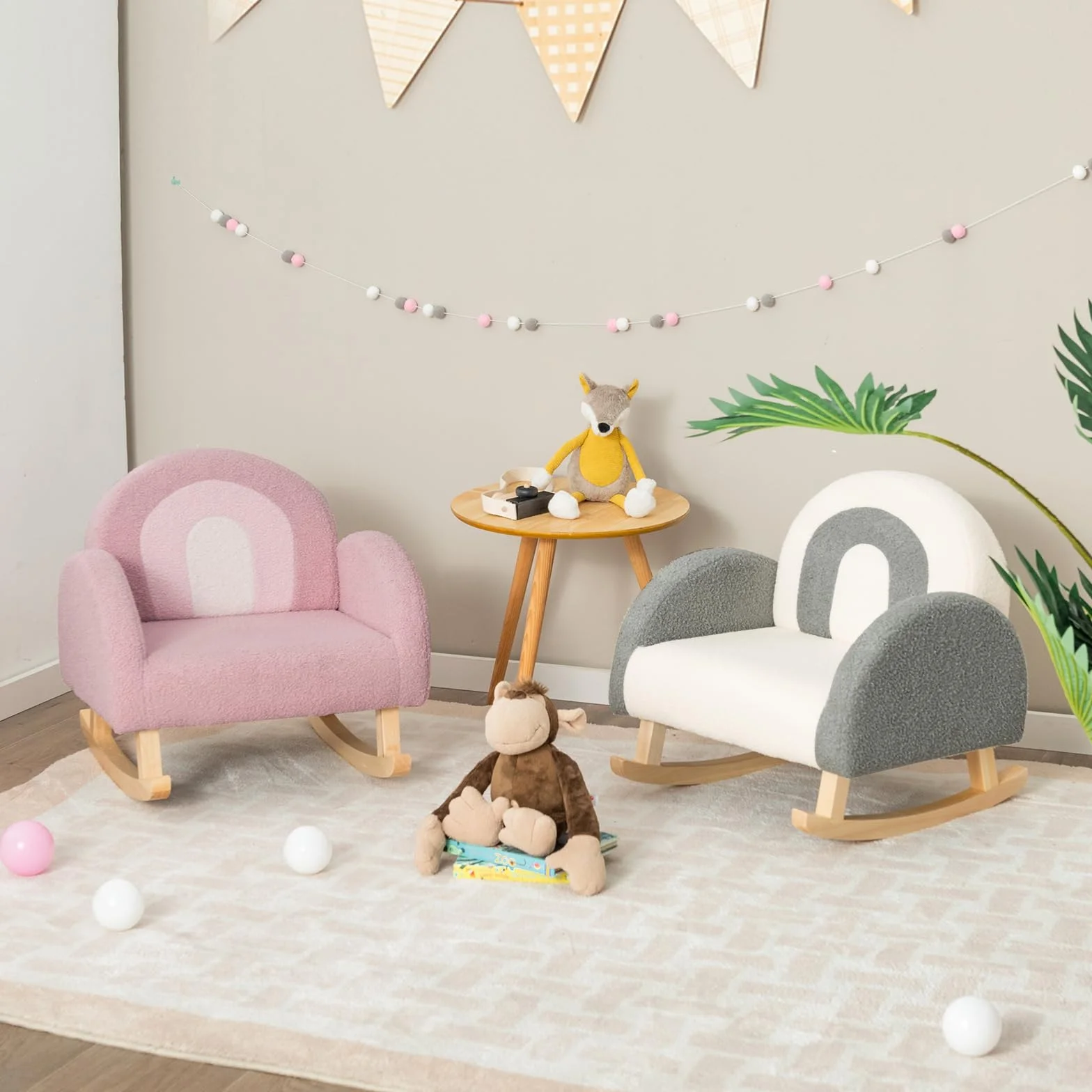 COSTWAY Sedia a Dondolo per Bambini con Gambe in Legno Massiccio, Poltrona a Dondolo per Bambini con Cuscinetti Antiscivolo, per Stanza dei Giochi, Camera da Letto, Scuola Materna (rosa)