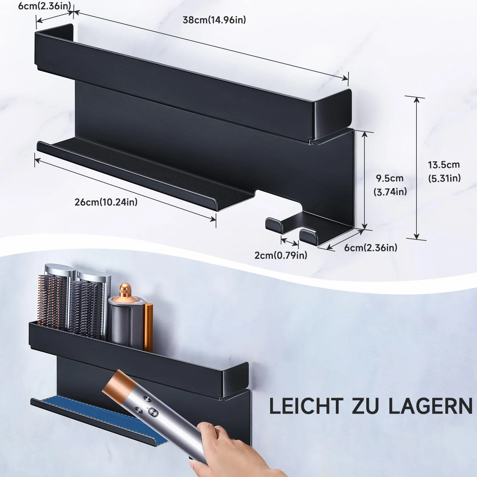 YYBO Supporto Asciugacapelli da Parete, Porta Phon da Muro Adesivo per Asciugacapelli Accessori Styler Curling Device, Porta Phon e Piastra per Camera da Letto, Bagno (Nero)