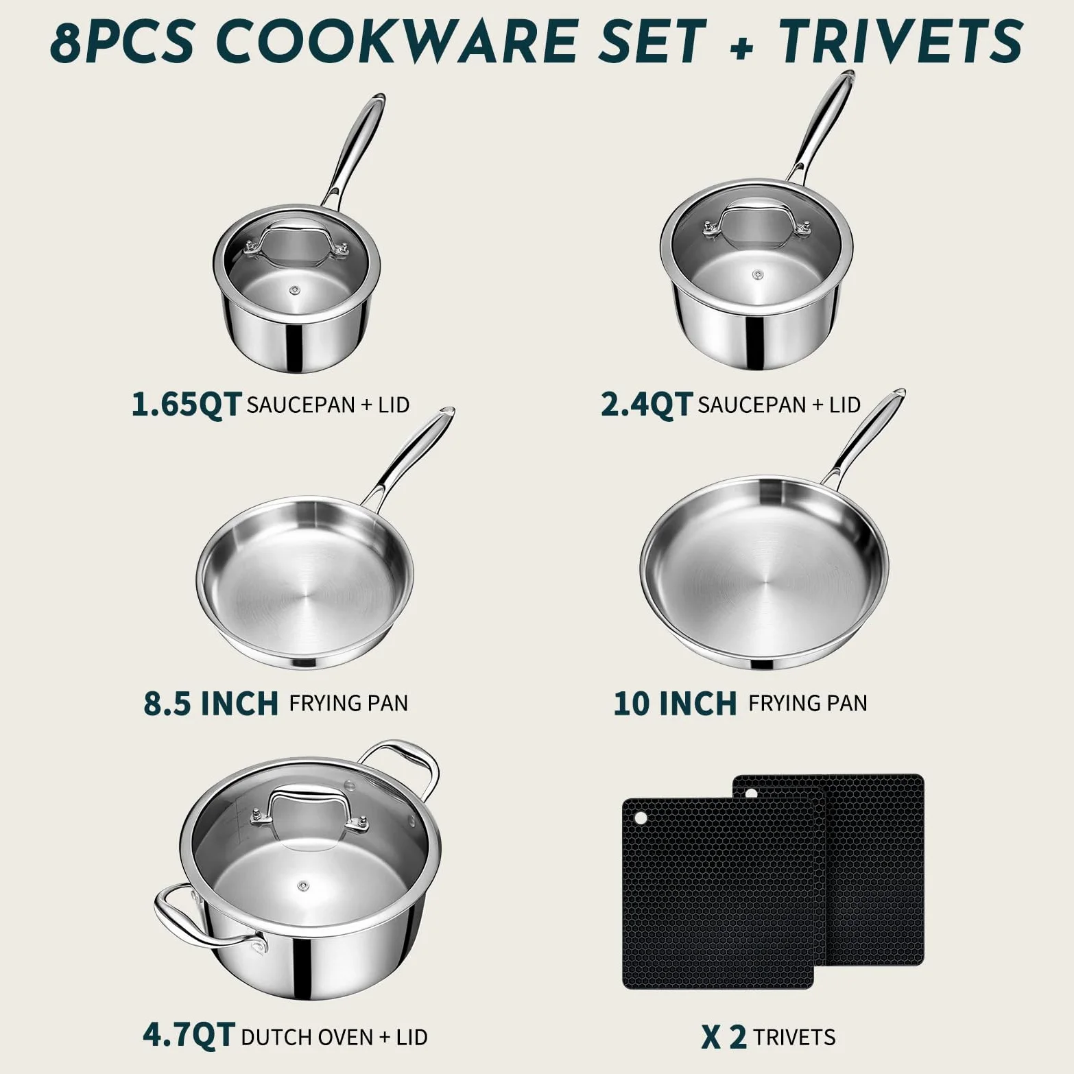 Set di pentole e padelle in acciaio inox, 10 pezzi, pentole e padelle antiaderenti per piano cottura a induzione, casseruola con coperchio, casseruola con coperchio e padella, set di pentole da cucina
