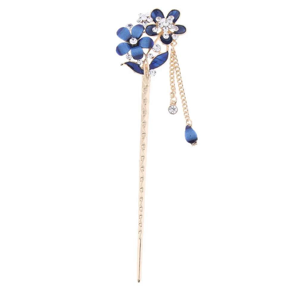 Bacchette per capelli cinesi con strass di cristallo a forma di fiore blu
