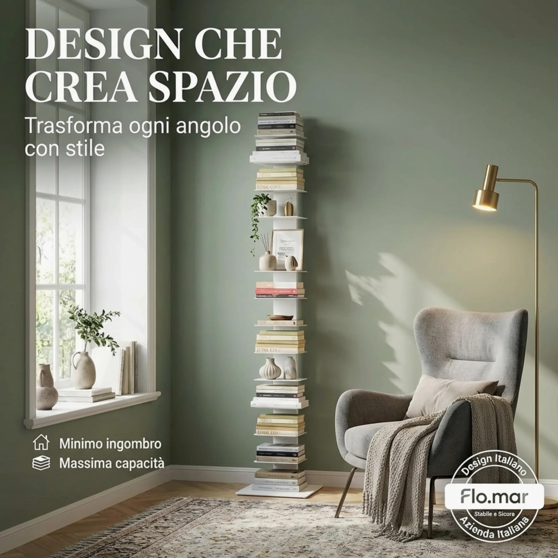 Flo.mar - Libreria a Colonna Bianca con 14 Ripiani 20x15cm - Libreria Verticale a Colonna da Terra con Base in Metallo 35x35 cm - Stretta e Alta 214 cm