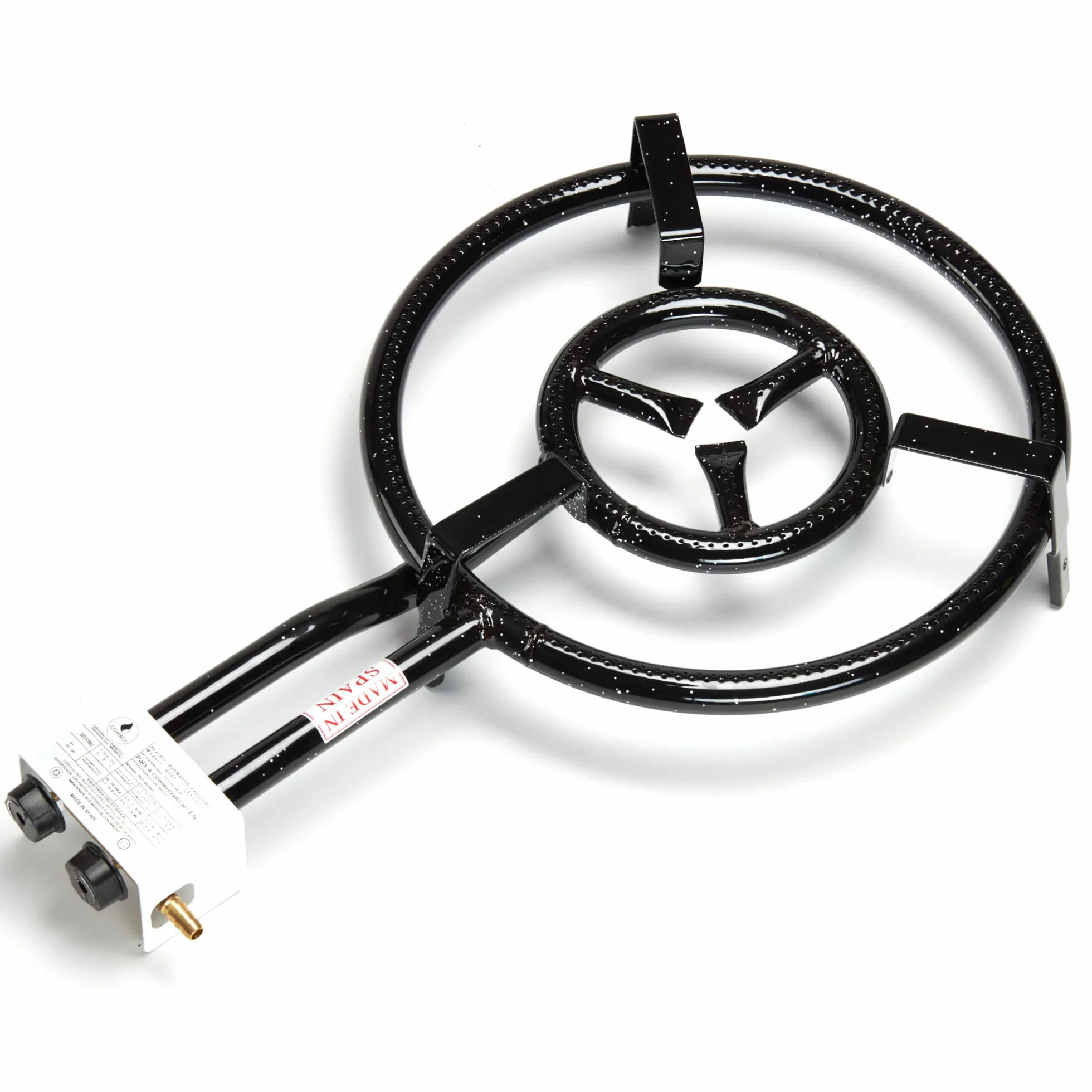 Comboi - Kit per paella a gas butano da 40 cm con 2 fuochi, paellera da 46 cm + grill da 46 cm, supporto con gambe rinforzate, livella, grembiule, libro di ricette digitali.