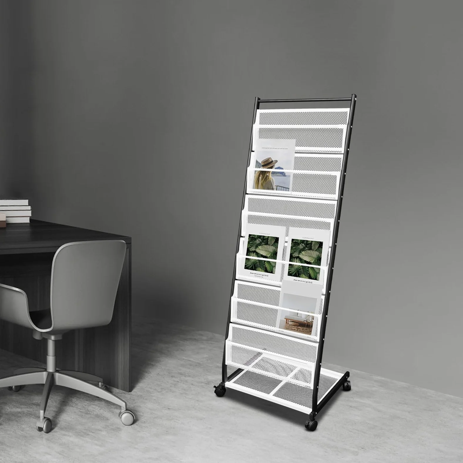 Supporto da pavimento a 6 livelli, 47,5 x 38 x 132 cm, portariviste con ruote, formato A4, in ferro, per caffetterie, ristoranti, uffici