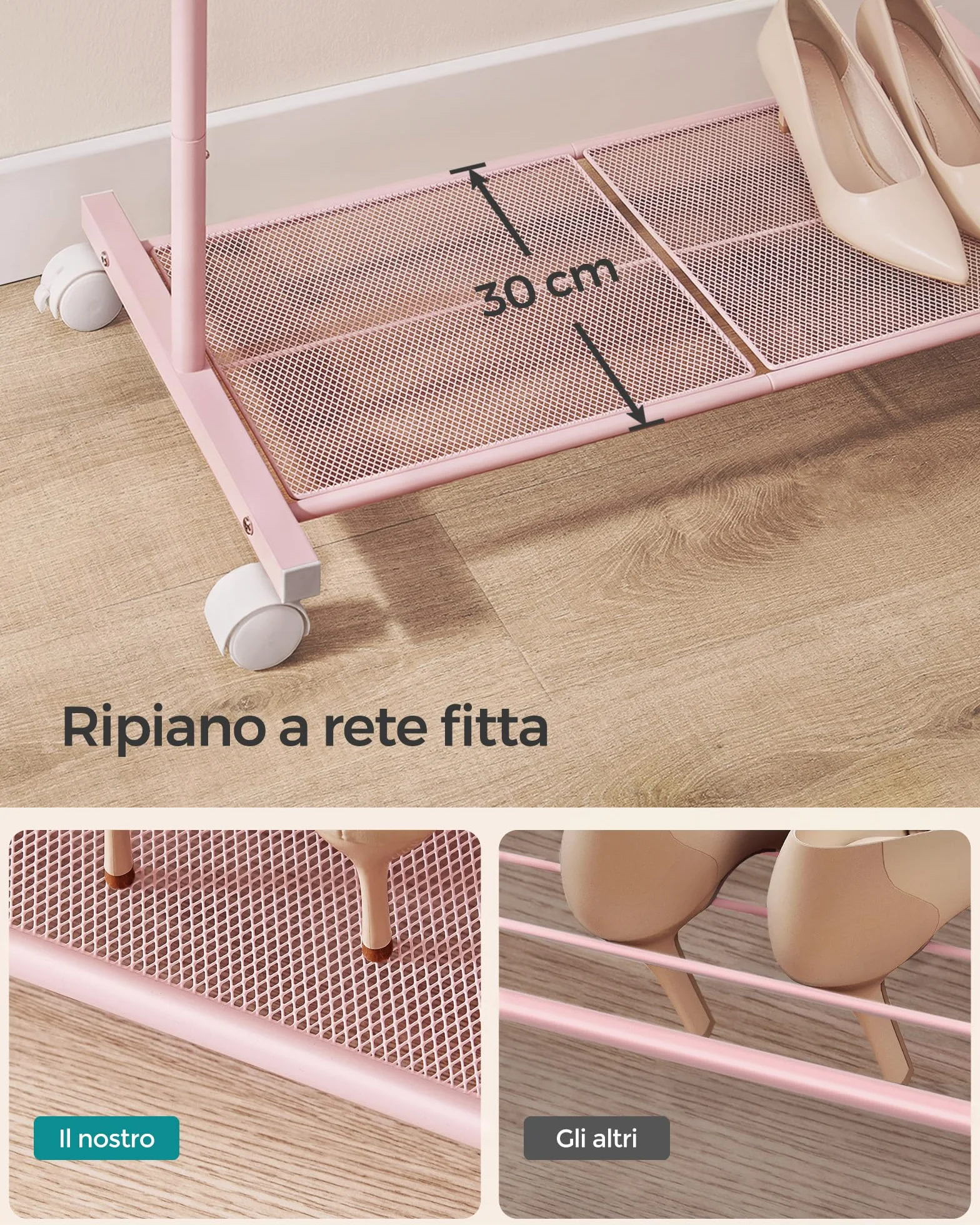 SONGMICS Appendiabiti con Ruote 74 cm 35 kg Metallo Rosa Pastello HSR130R01