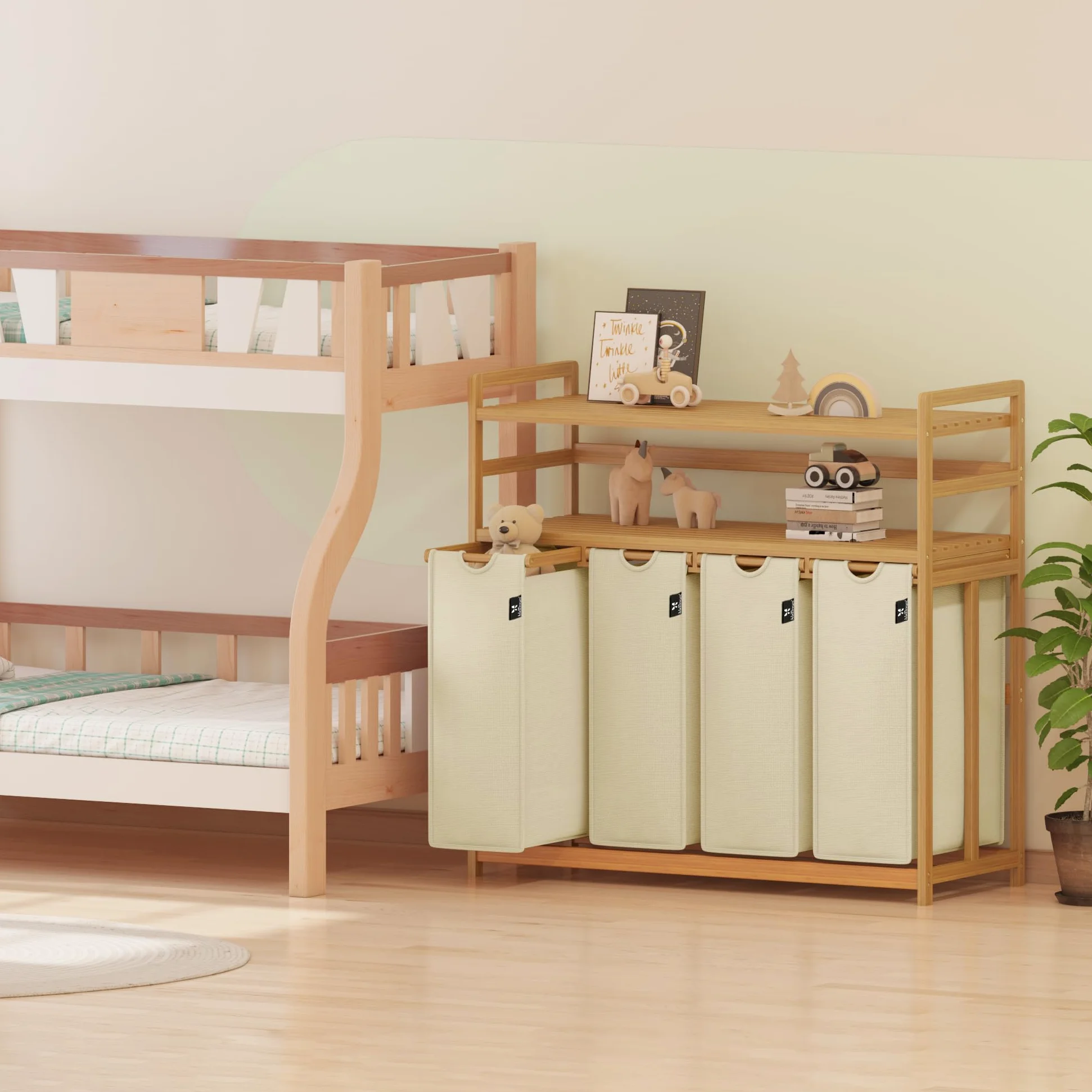 AdelDream Cesto portabiancheria con ripiani 4 scomparti 2 ripiani in bambù estensibile e rimovibile 200L beige