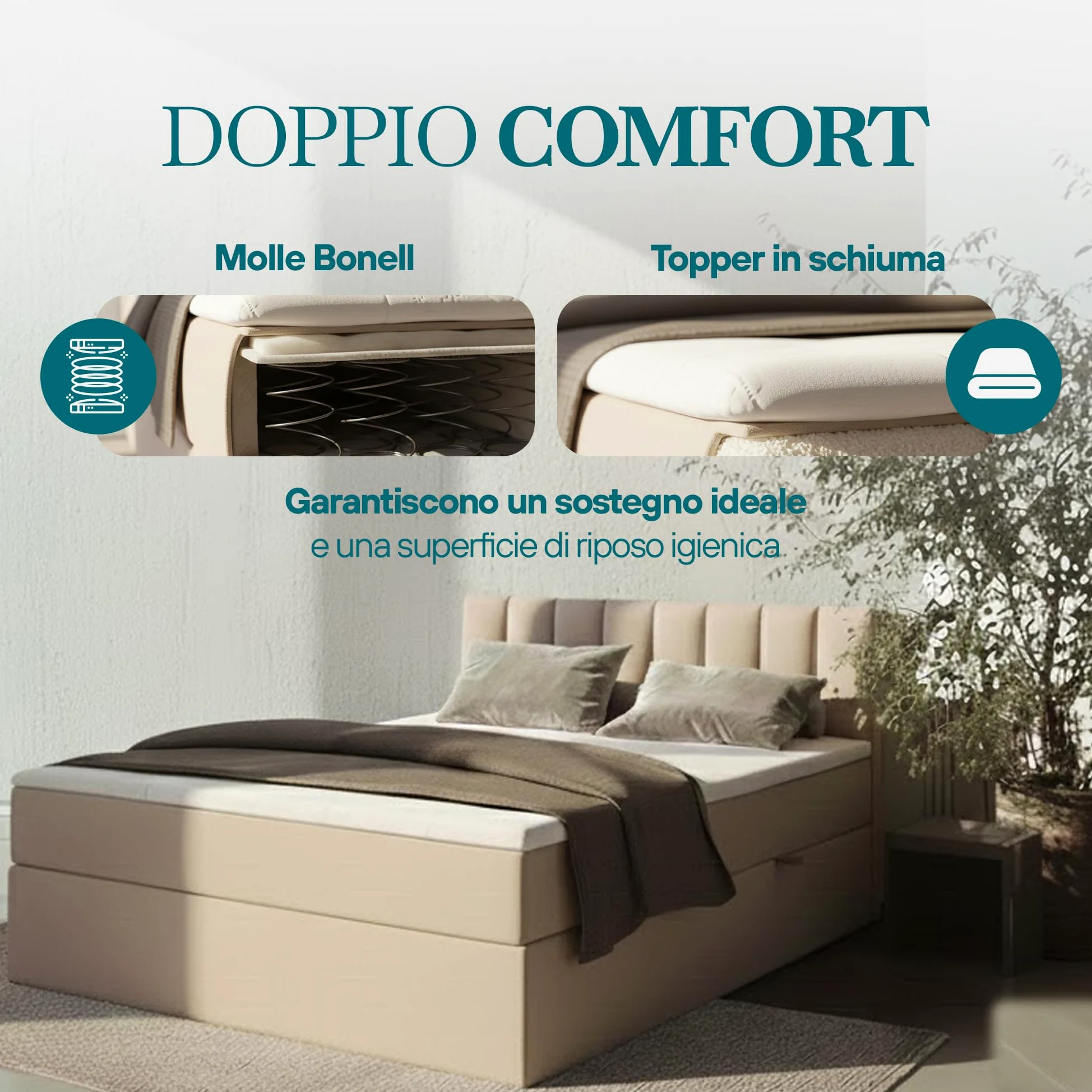 TRADA Letto Contenitore Matrimoniale con Contenitori e Materasso Pocket H3 - Elegante Letto PALERMO con Materasso e Topper - Beige - 180 x 200 cm