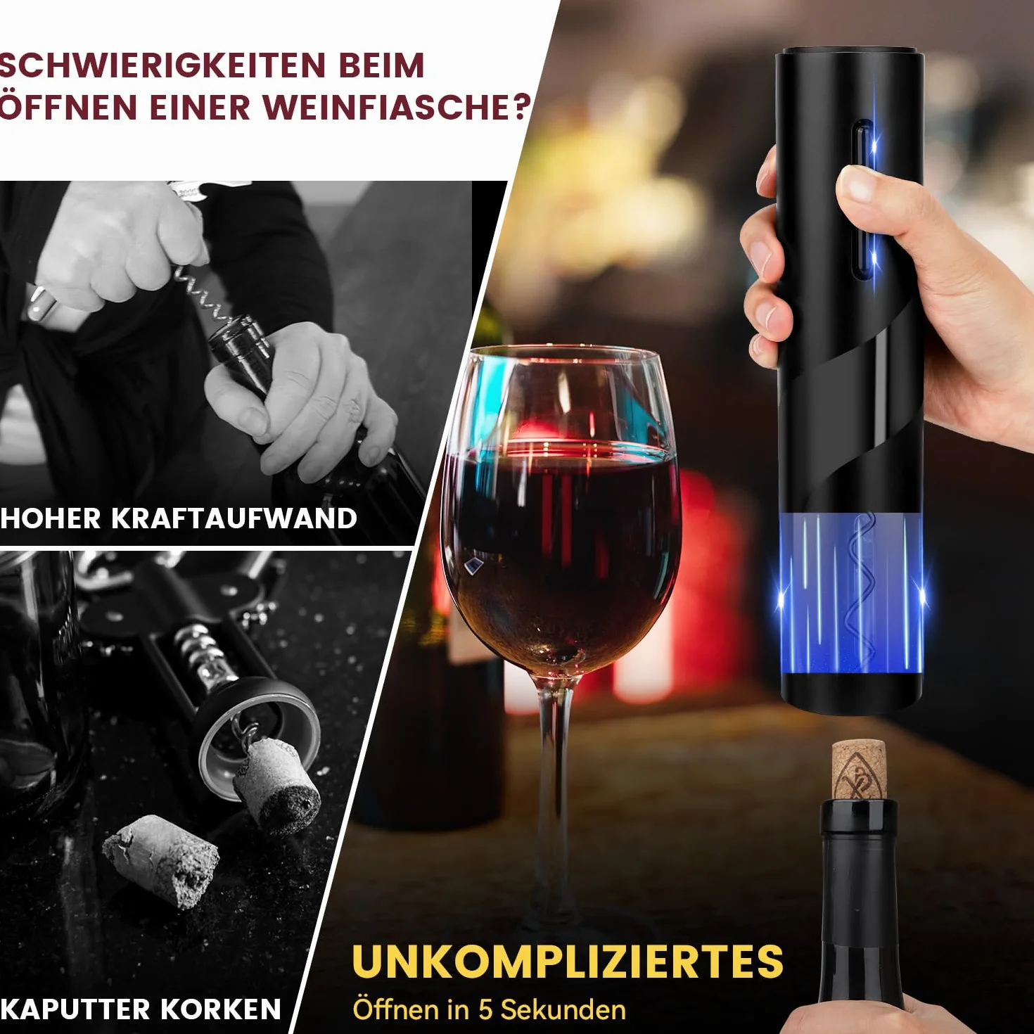 Hotec Cavatappi Elettrico Apribottiglie Vino Automatico con Tagliacapsule