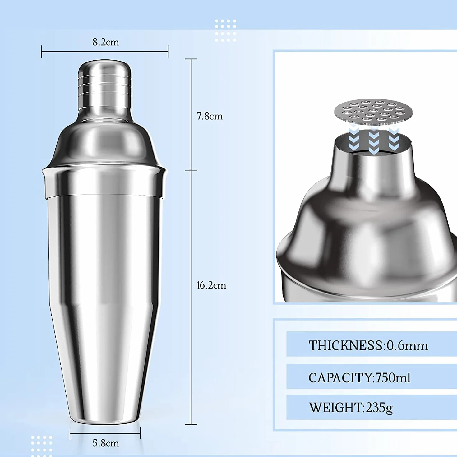 Shaker da Cocktail Professionale in Acciaio Inox 750 ml Martinishaker con Setaccio