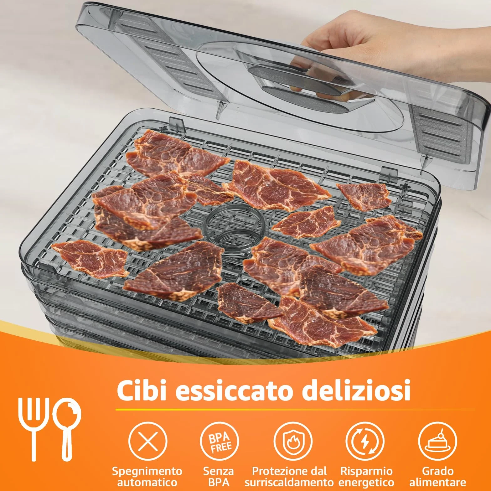 Aigostar Crispy - Essiccatore alimentare, 240W, 5 vassoi, essiccatura automatica, ottimo per frutta, carne, verdura ecc. controlli digitali, impostazione manuale di tempo e temperatura. Senza BPA.