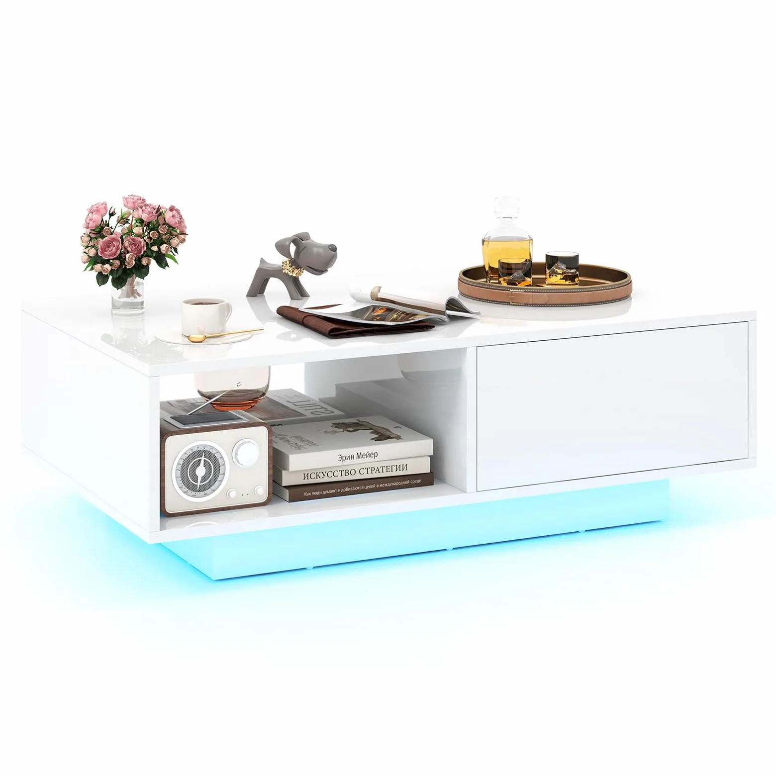 RELAX4LIFE Tavolino da Caffè Moderno 95x55x31cm, con 20 Luci LED Regolabili e Telecomando, in Legno con Finitura Lucida, Cassetto a Pressione e Ripiano Aperto, per Soggiorno, Max 65kg (Bianco)