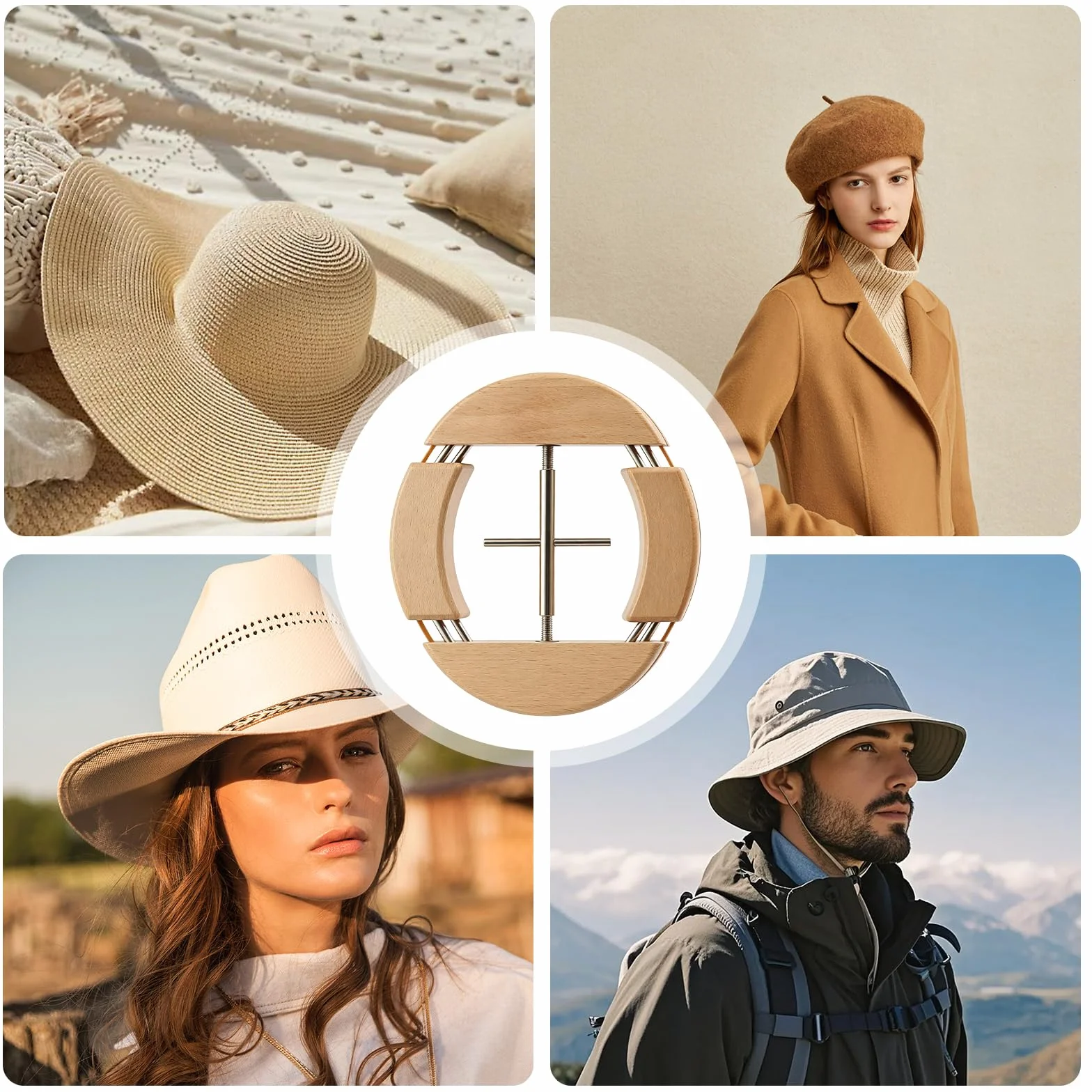 BORDEAG Estensore per cappelli, 4 vie, in legno, con manico, per dimensioni da 54 cm a 66 cm, per cappelli da cowboy, fedora, berretti da baseball, cappelli in feltro e cappelli di paglia, cappuccio
