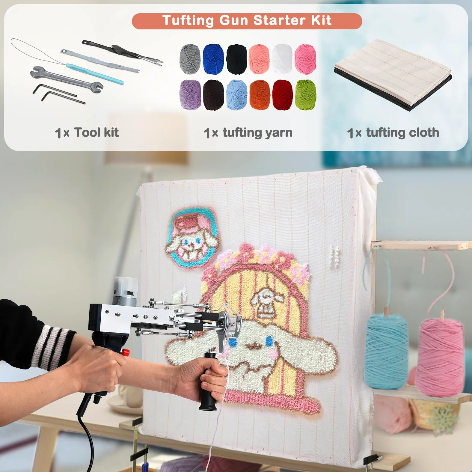 JTVTW Kit pistola per tufting con tessuto antiscivolo e 12 palline di lana per principianti (blu)