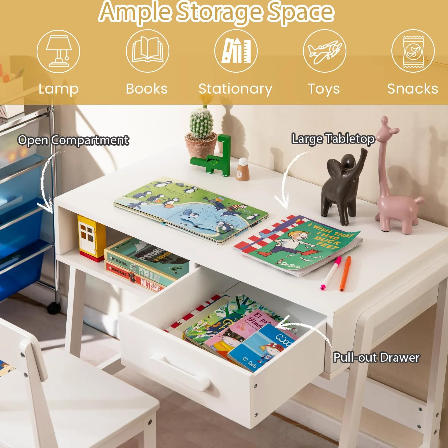LIFEZEAL Set Scrivania e Sedia per Bambini 3+Anni, Scrivania con Cassetto, Banco Scuola, Tavolo da Studio, Sedia con Schienale, in Legno, per Cameretta, Giocare, Studiare, Multiattività (bianco)