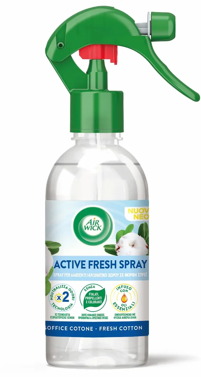 Airwick Profumatore per Ambienti, Confezione da 8 Spray da 250ml, Spray Active Fresh al Profumo di Cotone, Deodorante Ambiente