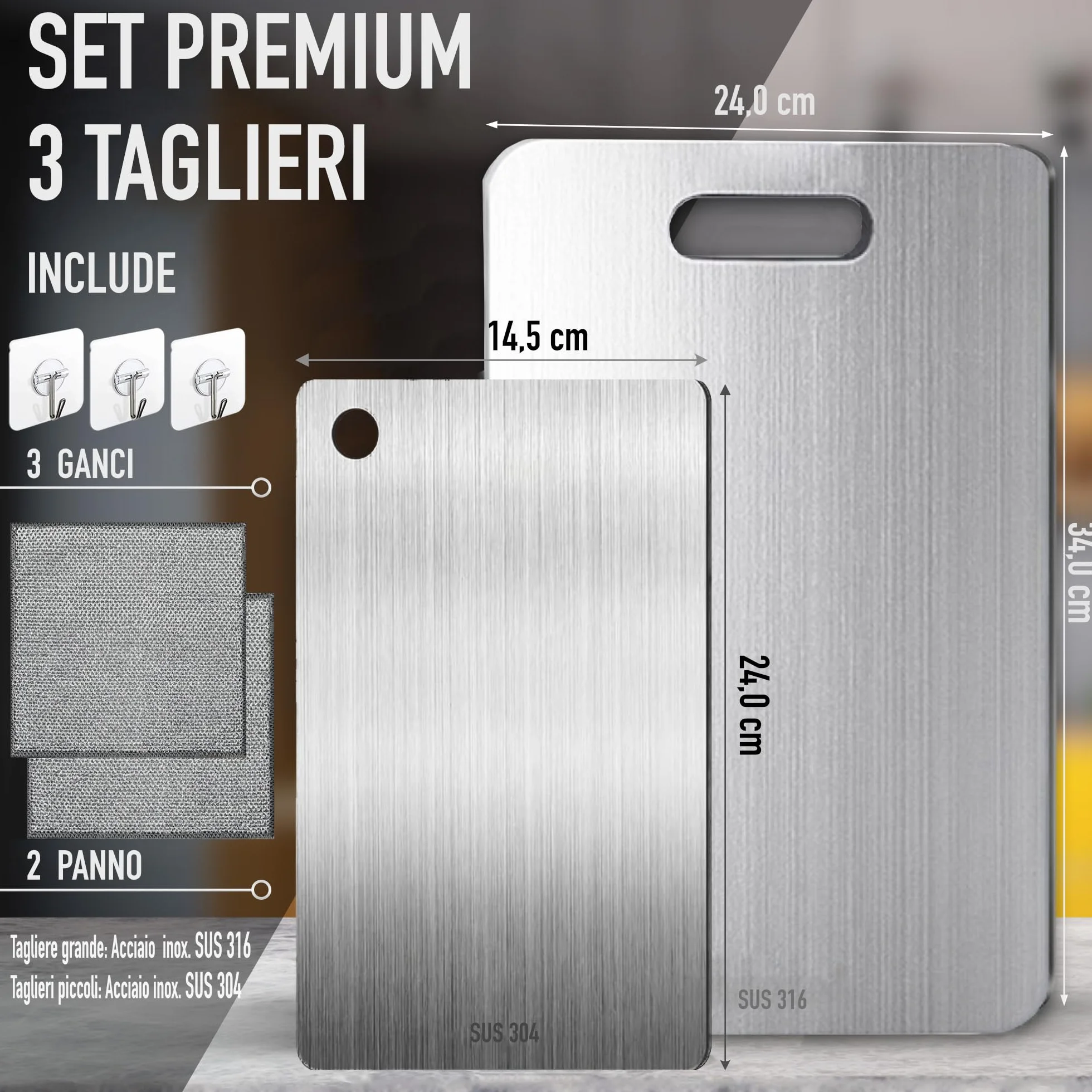 Set di 3 Tagliere Acciaio Inox Reversibile in Lega Titanio – Set da Cucina Professionale SUS316/SUS 304 3‑Stars