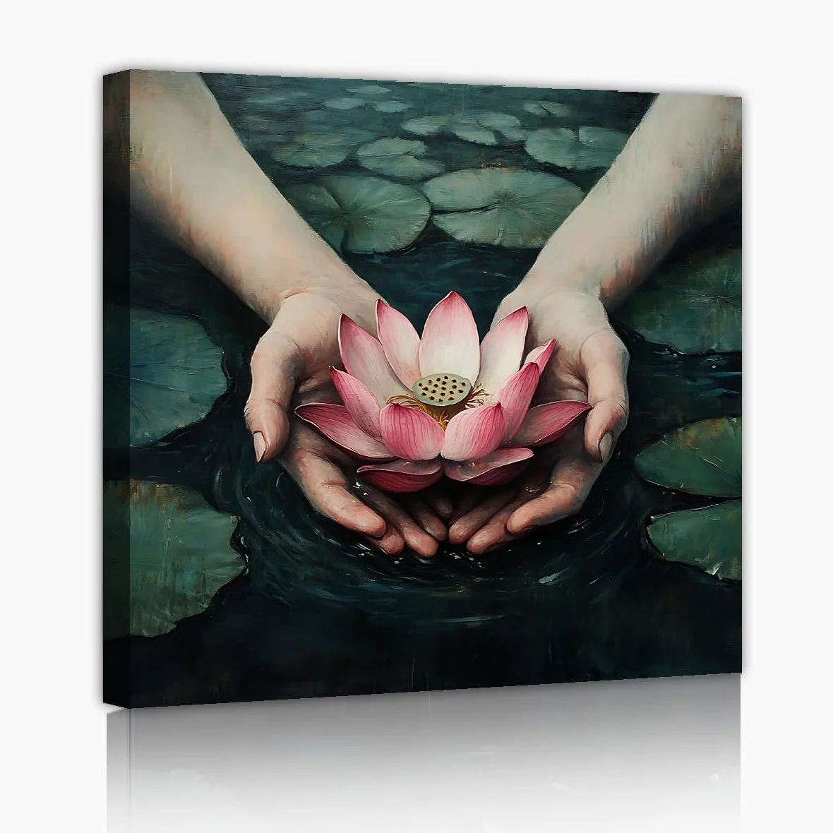 YUNART Tela pittura da tela arte murale con mano ninfea laghetto di fiori decorazioni murali per soggiorno cucina bagno ufficio arredamento della casa 90x90cm Telaio interno