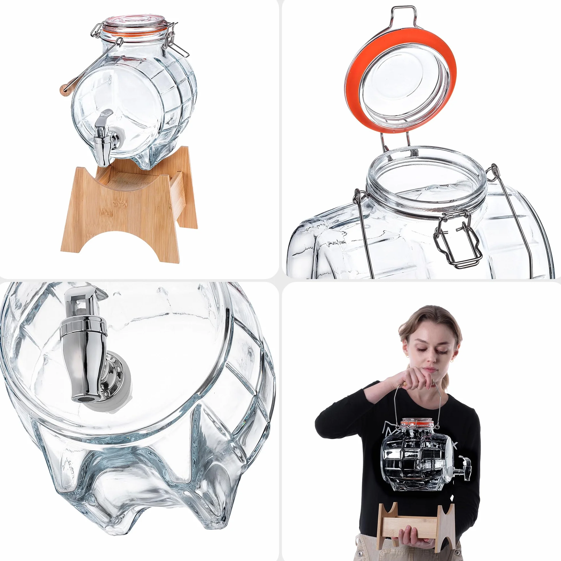 KADAX Barile con Rubinetto, Dispenser per Bevande in Vetro trasparente con Base in Legno (3 l)